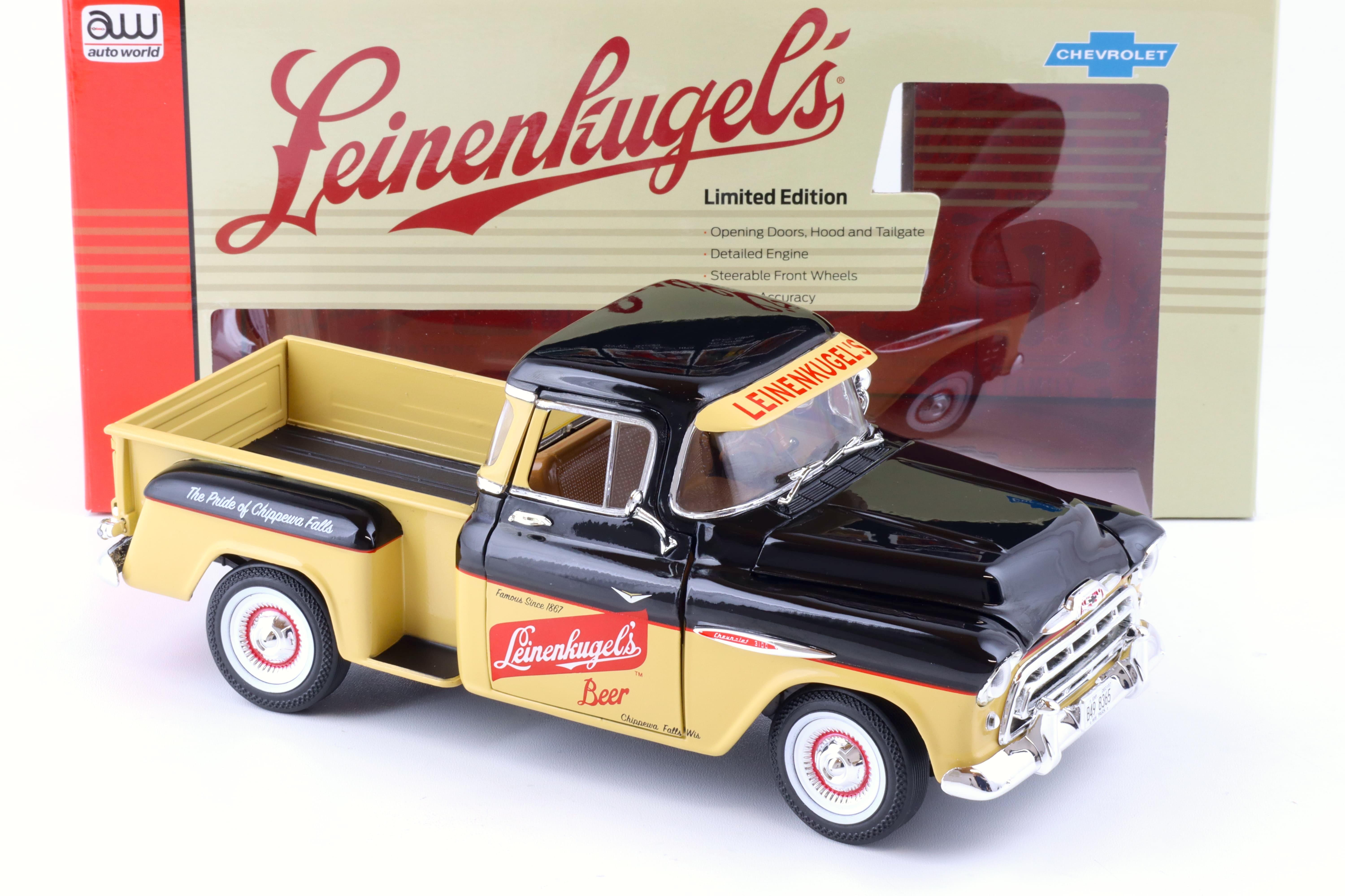 1:18 Auto World 1957 Chevrolet 3100 Stepside Pickup Leinenkugle's Beer black&tan