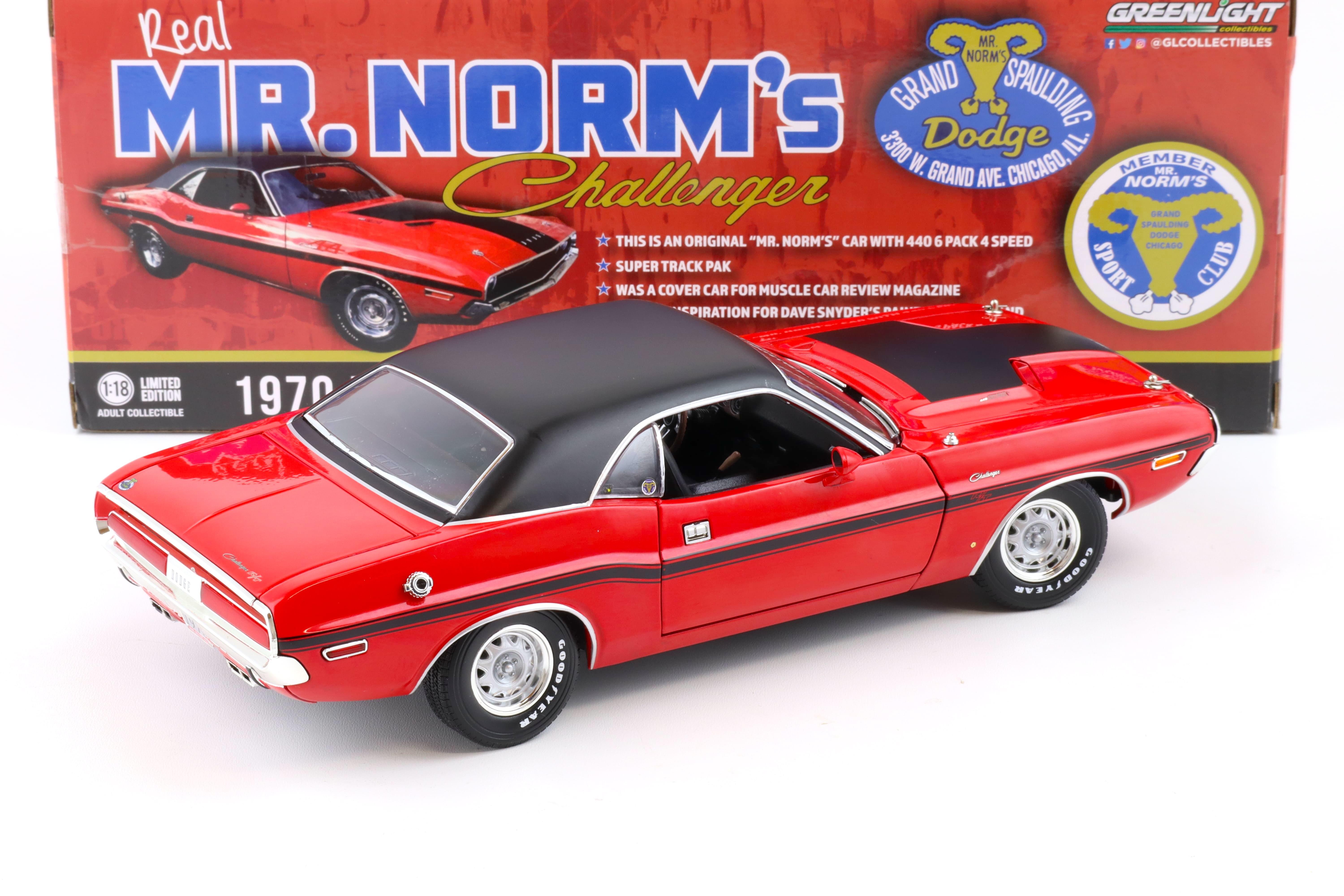 1:18 Greenlight 1970 Dodge Challenger R/T 440 SIX-Pack MR.Norm's red/ black