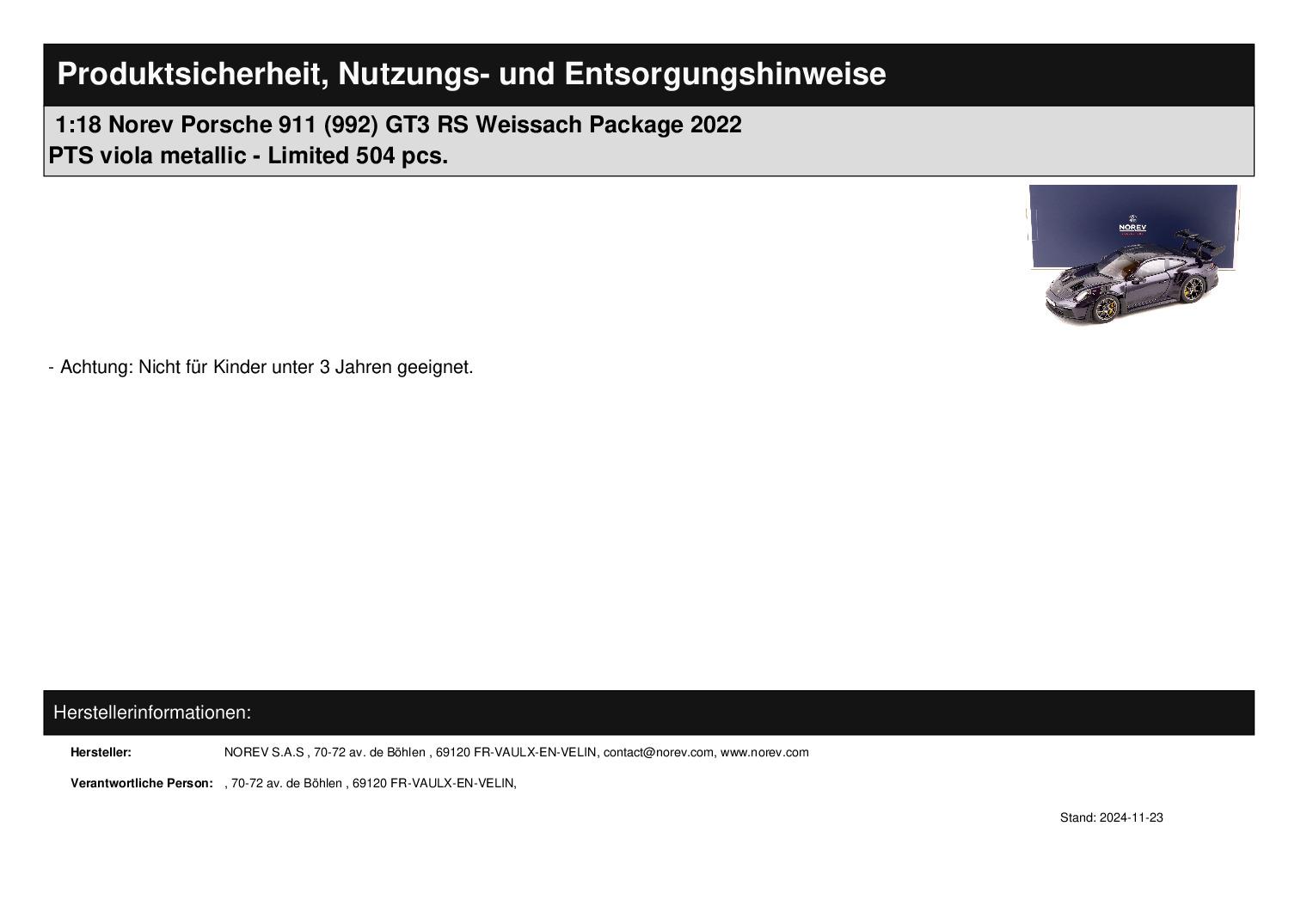 1:18 Norev Porsche 911 (992) GT3 RS Weissach Package 2022 PTS viola metallic - Limited 504 pcs. 1:18 Norev Porsche 911 (992) GT3 RS Weissach Package 2022 PTS viola metallic - Limited 504 pcs.