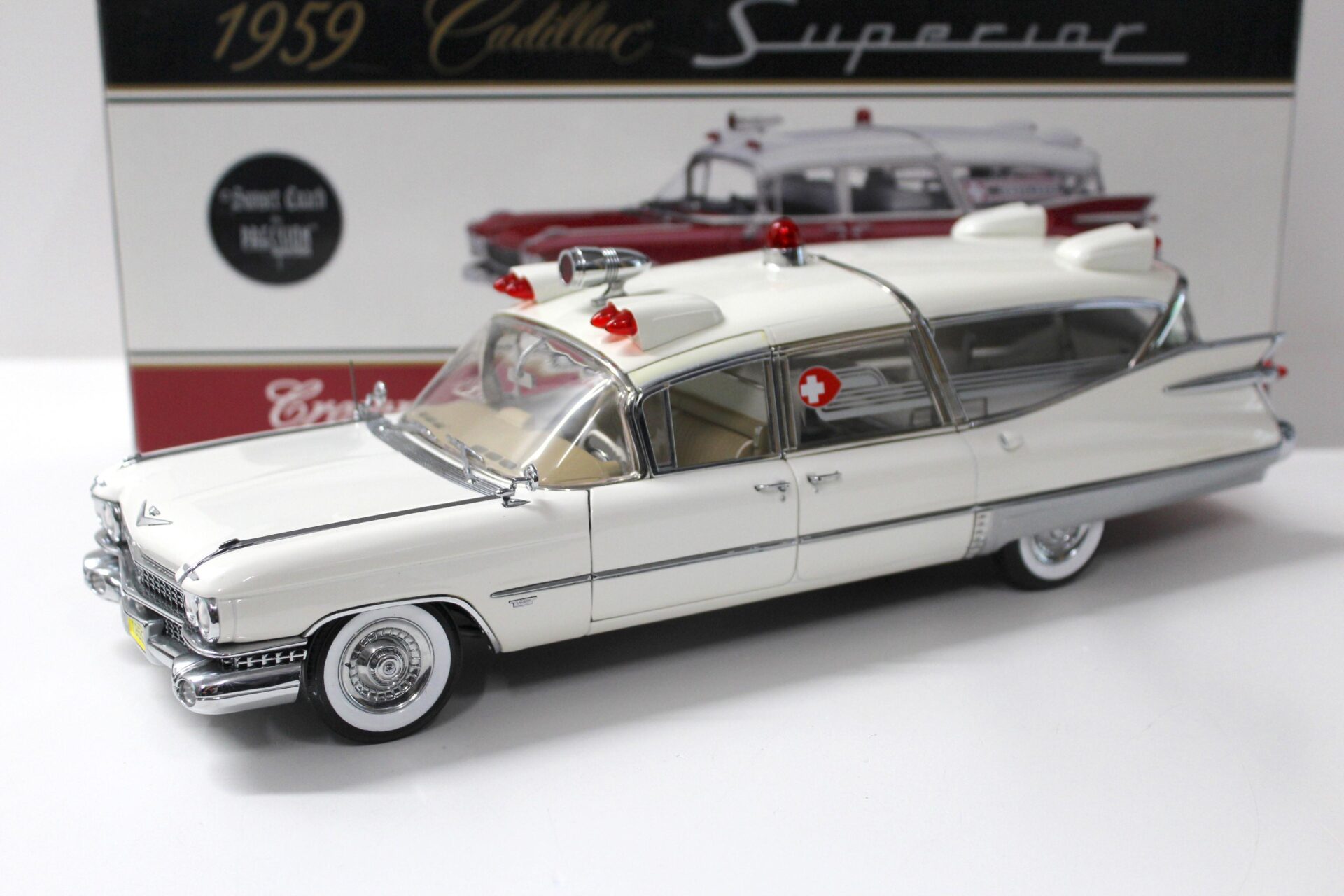 1:18 Precision Miniatures 1959 Cadillac Superior Crown Royal Ambulance white