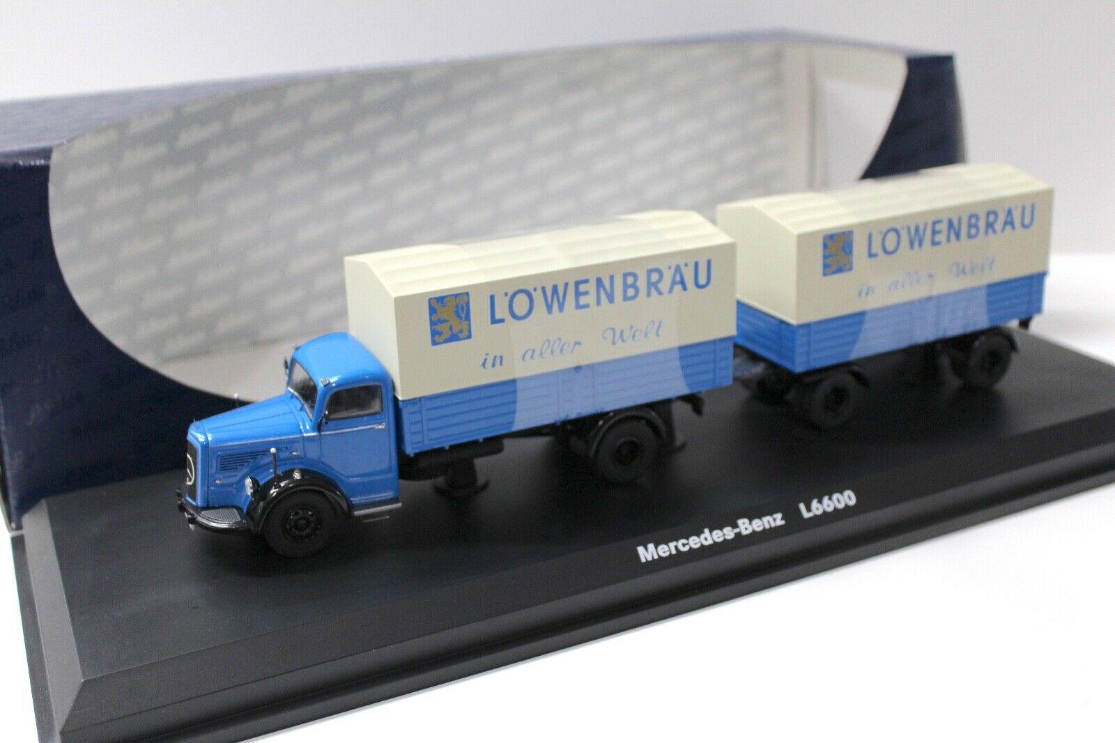 ID 51199 orig 1.jpg 1:43 Schuco Mercedes L6600 mit Anhänger LÖWENBRÄU blue