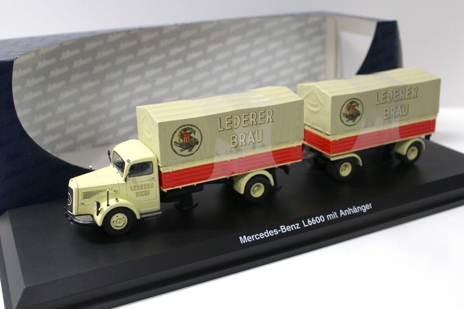 ID 51208 orig.jpg 1:43 Schuco Mercedes L6600 mit Anhänger Lederer BRÄU beige/ red