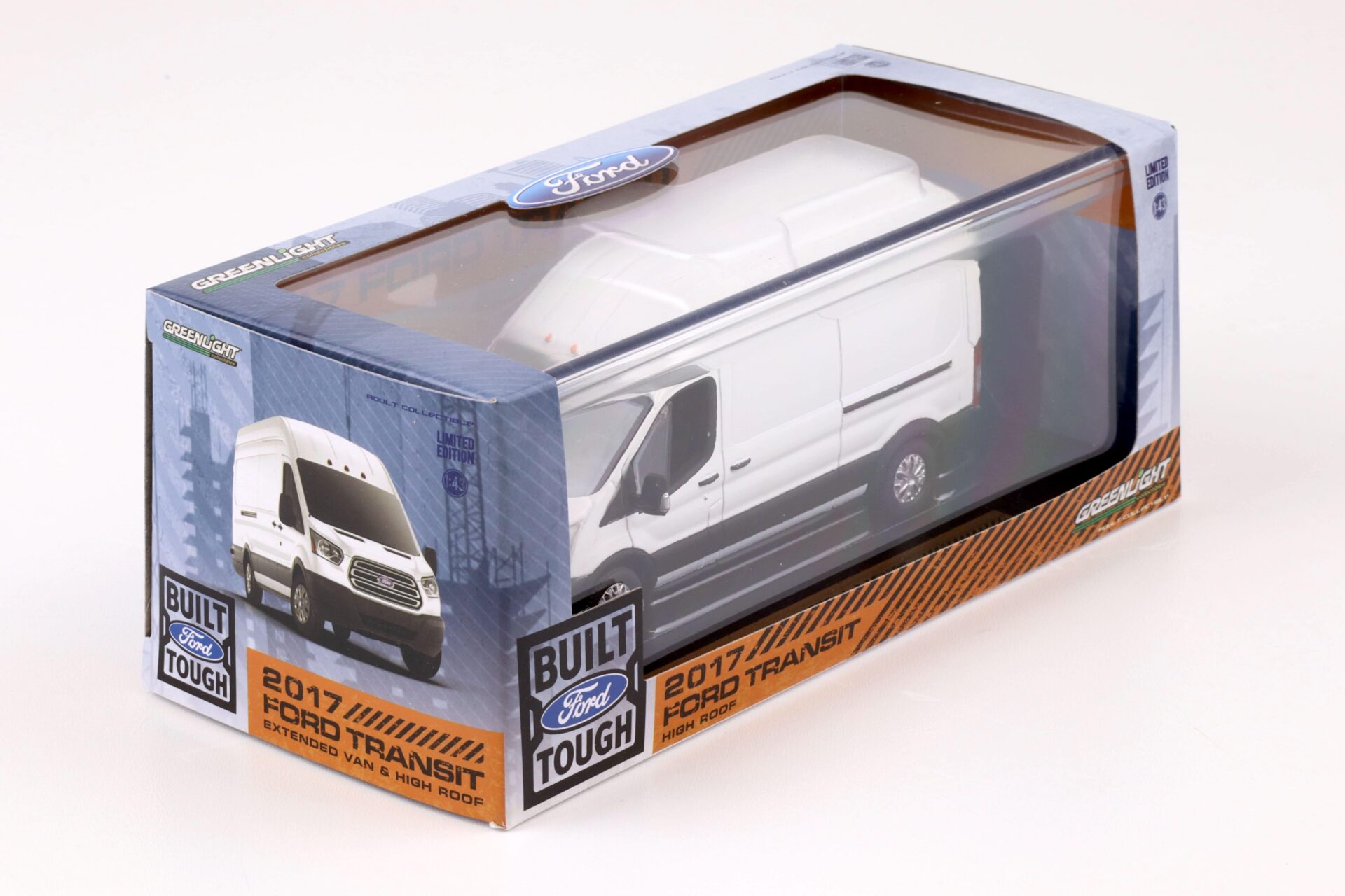 1:43 Greenlight 2017 Ford Transit Extended High Roof Van Kasten oxford white