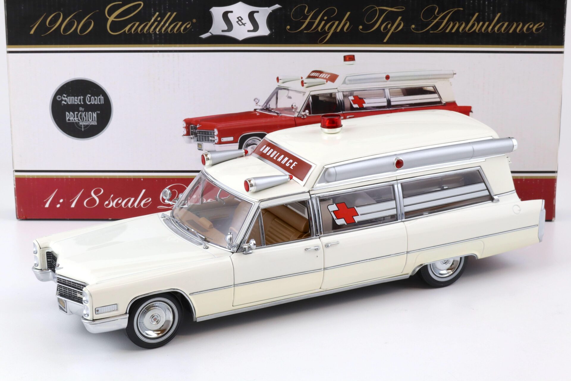ID 75718 orig.jpg 1:18 Precision Miniatures Sunset Coach 1966 Cadillac S&S High Top Ambulance white