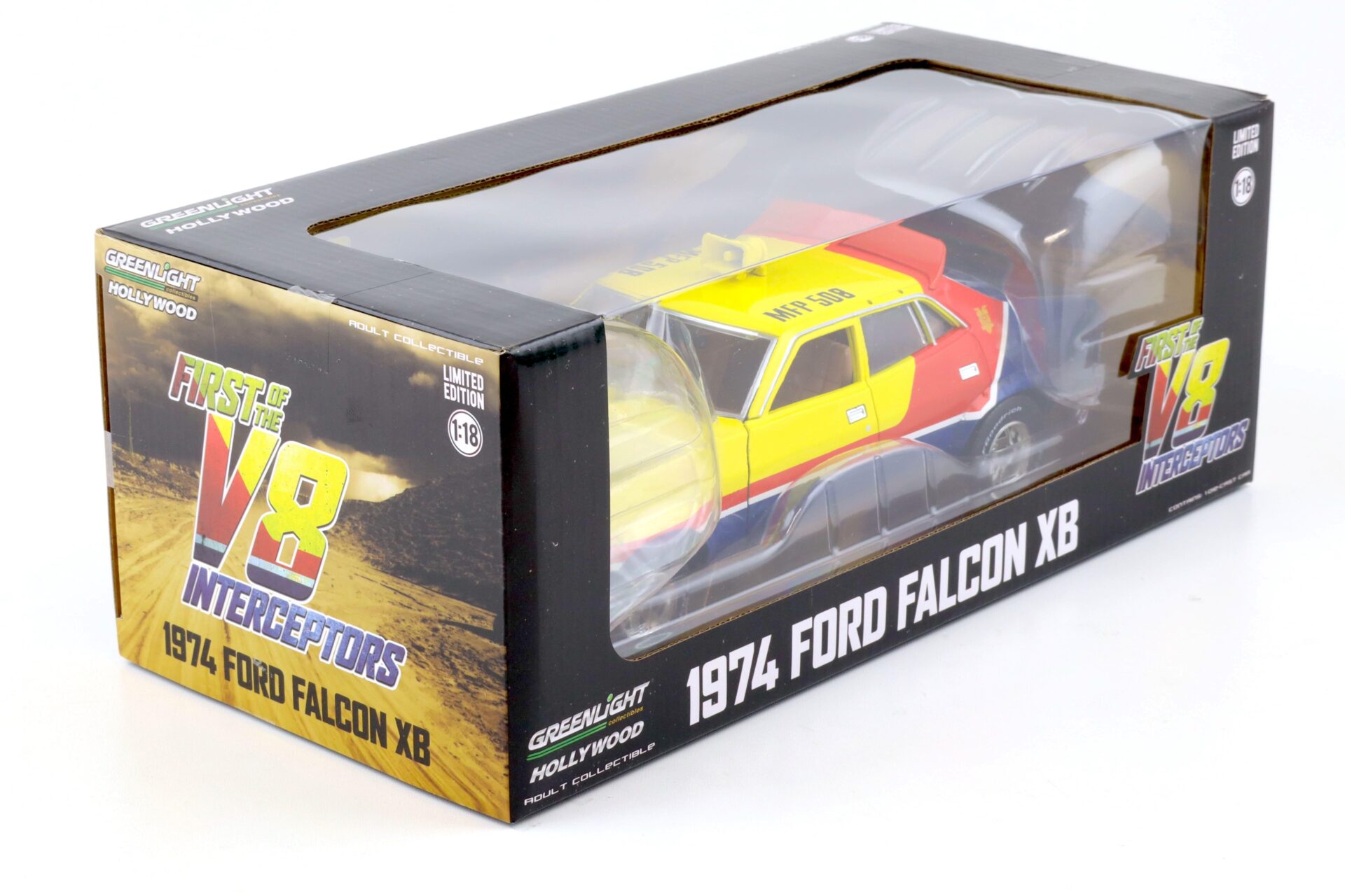 1:18 Greenlight Ford Falcon XB V8 Intercopter 1974 Police Car MAD MAX yellow/ red/ blue