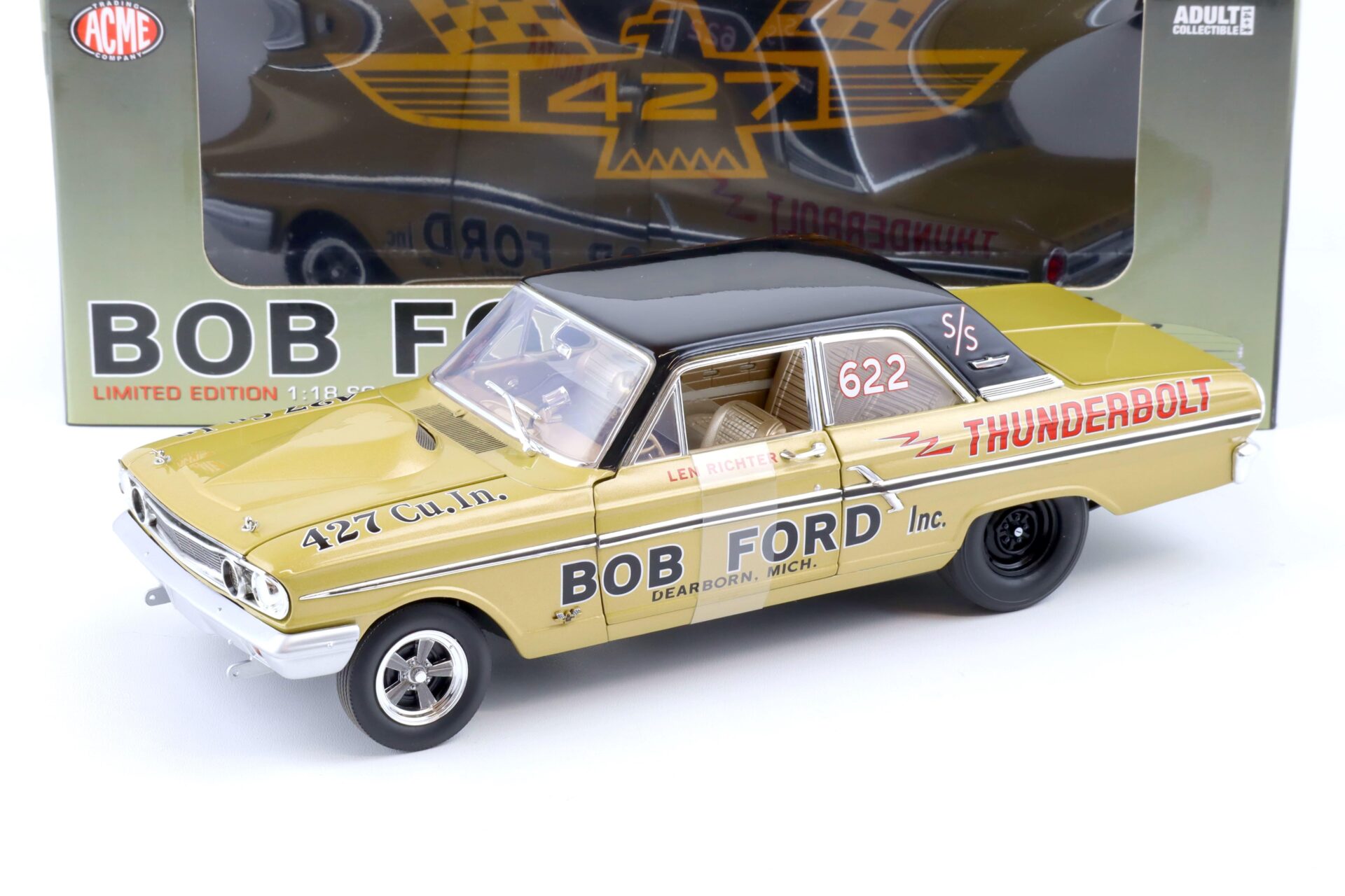 ID 82854 orig 1.jpg 1:18 ACME 1964 Ford Fairlane 500 Thunderbolt NHRA BOB Ford #622 gold/black