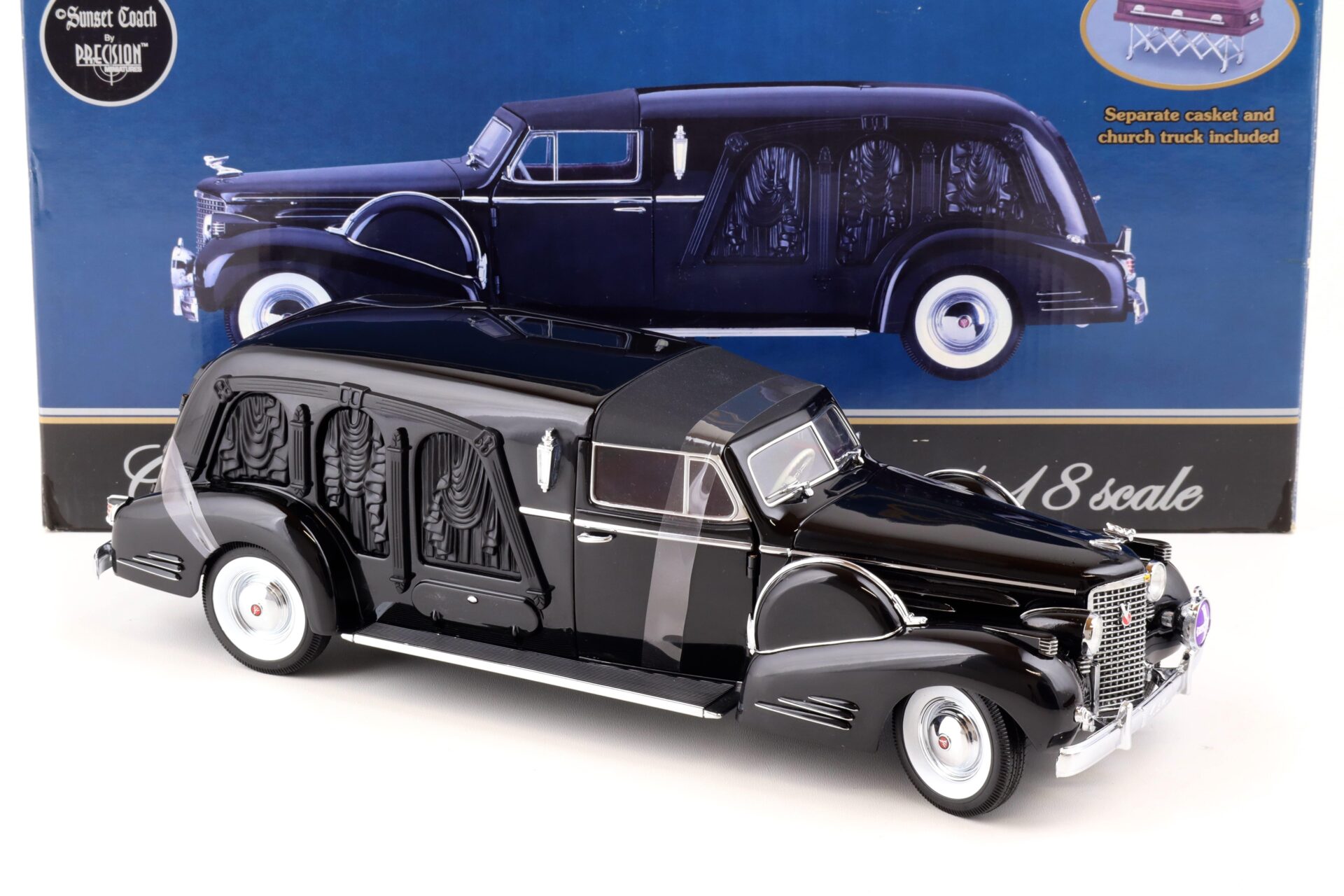 1:18 Sunset Coach Precision 1938 Cadillac Town Car Custom Carved Panel HEARSE black