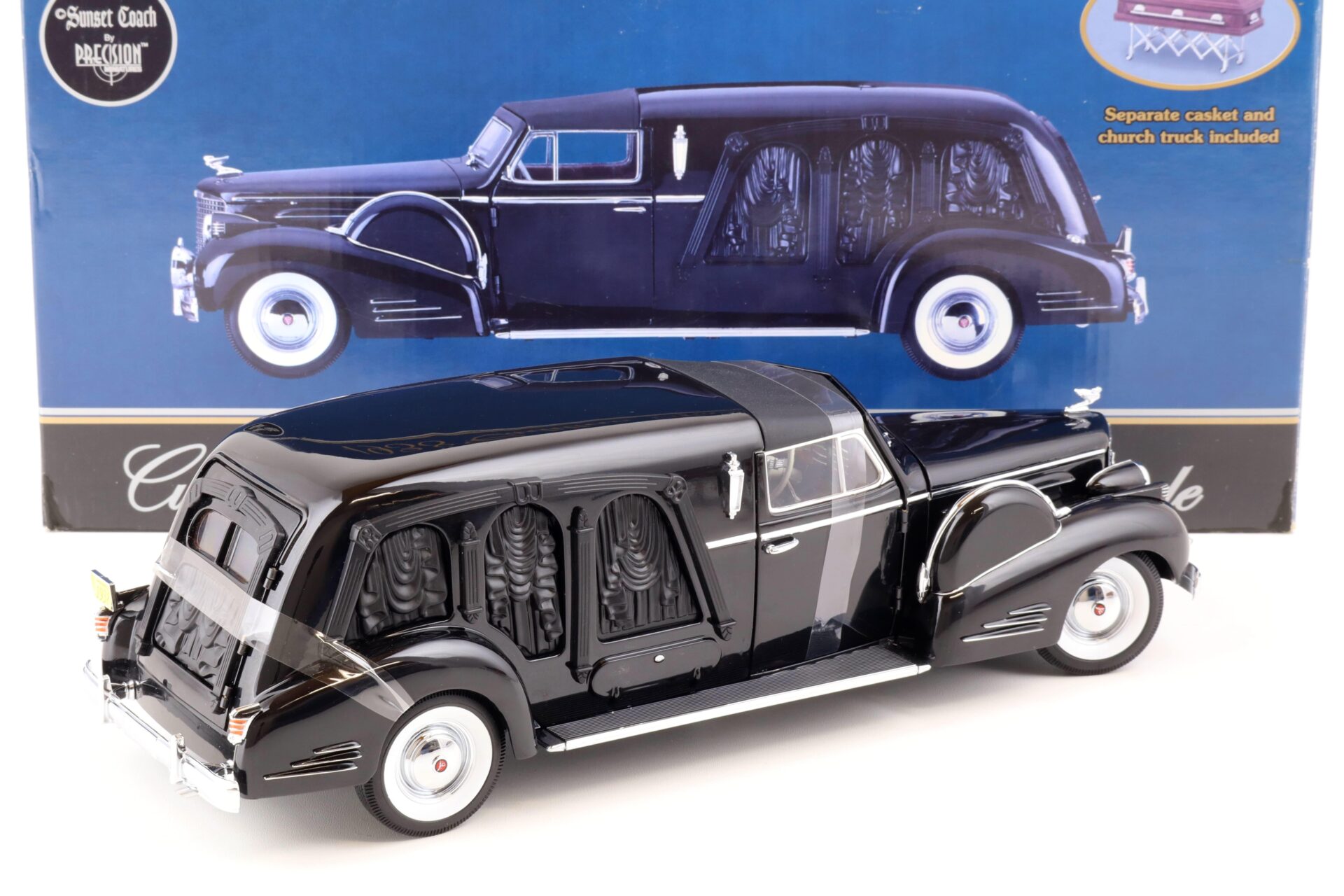 1:18 Sunset Coach Precision 1938 Cadillac Town Car Custom Carved Panel HEARSE black