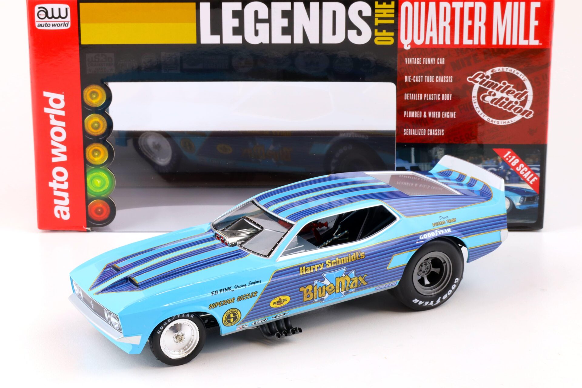 ID 87559 orig.jpg 1:18 Auto World 1973 BLUE MAX Ford Mustang Funny Car LOTQM Harry Schmidt blue