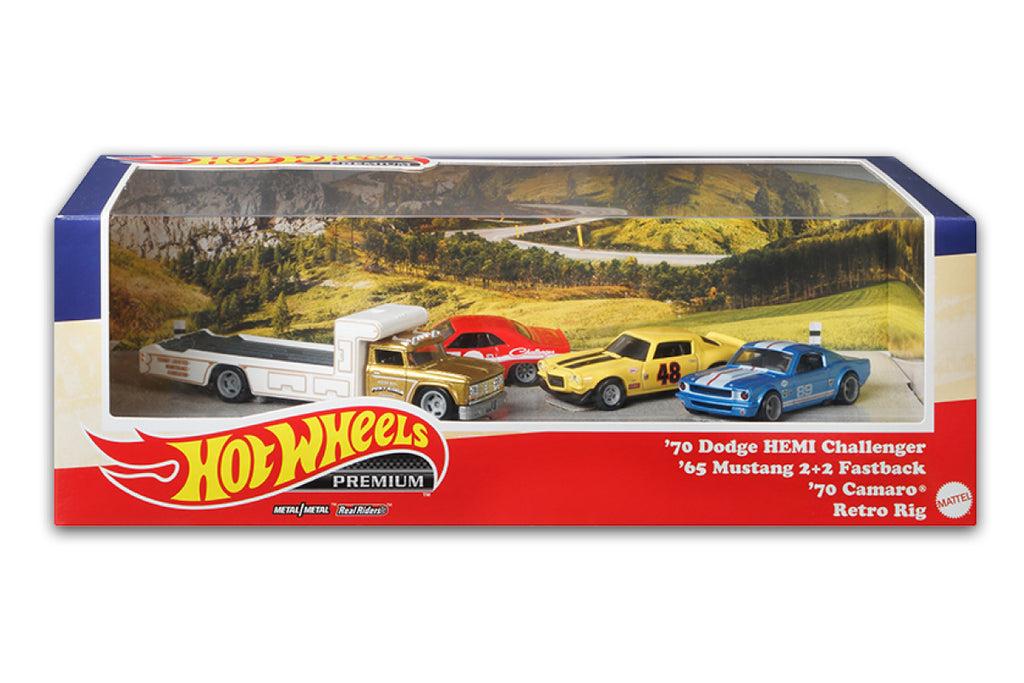 1:64 Hot Wheels Premium Set Pony Wars Real Riders Challenger, Mustang, Camaro + Retro Rig
