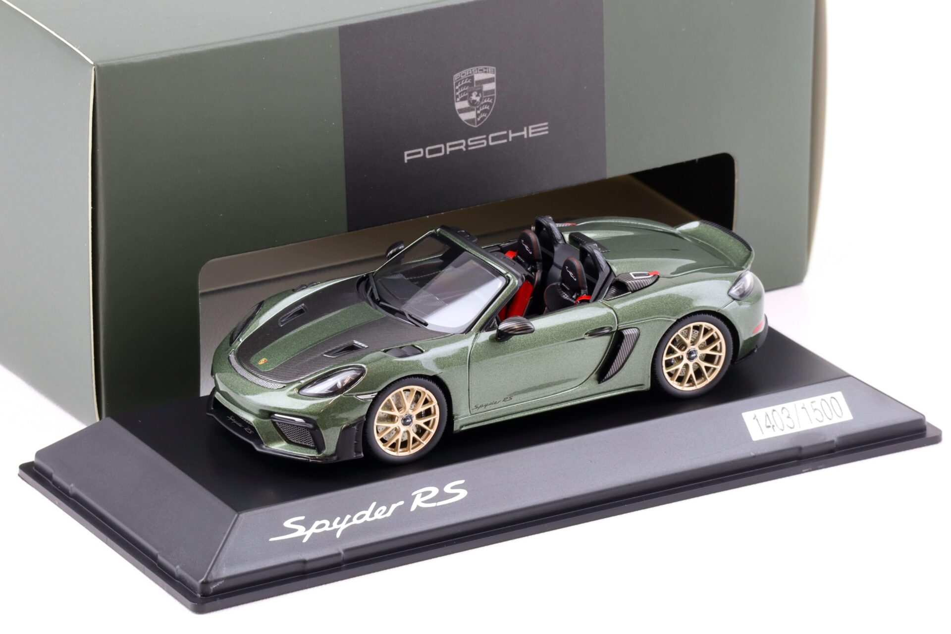 ID 93217 orig 1.jpg 1:43 Spark Porsche 718 Spyder RS (982) oak green/ gold wheels WAP DEALER