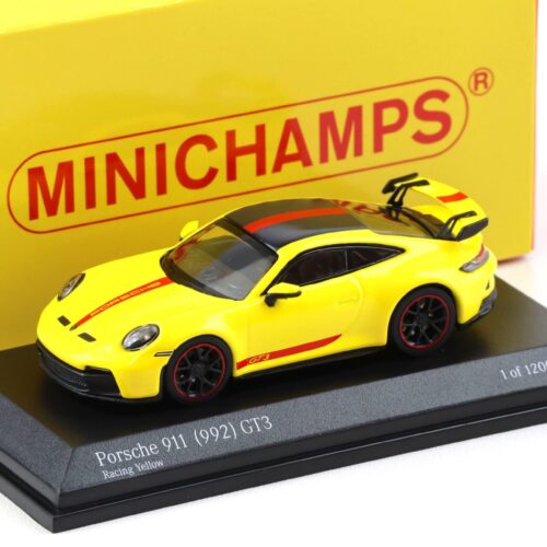 1:64 Minichamps Porsche 911 992 GT3 Coupe Racing yellow/ red stripes