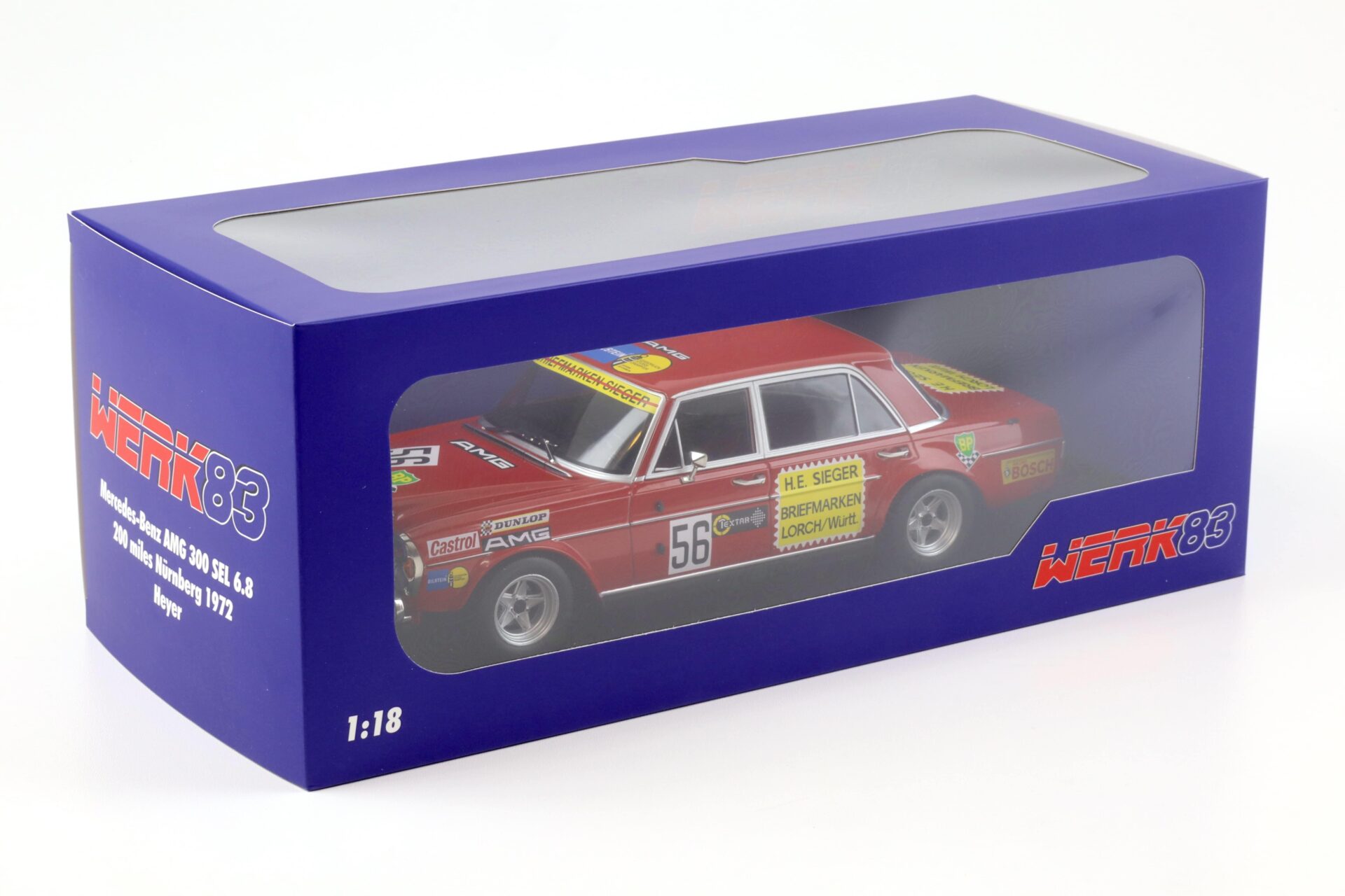 1:18 WERK83 Mercedes 300 SEL 6.8 AMG #56 200 Meilen Nürnberg 1972 H.Heyer