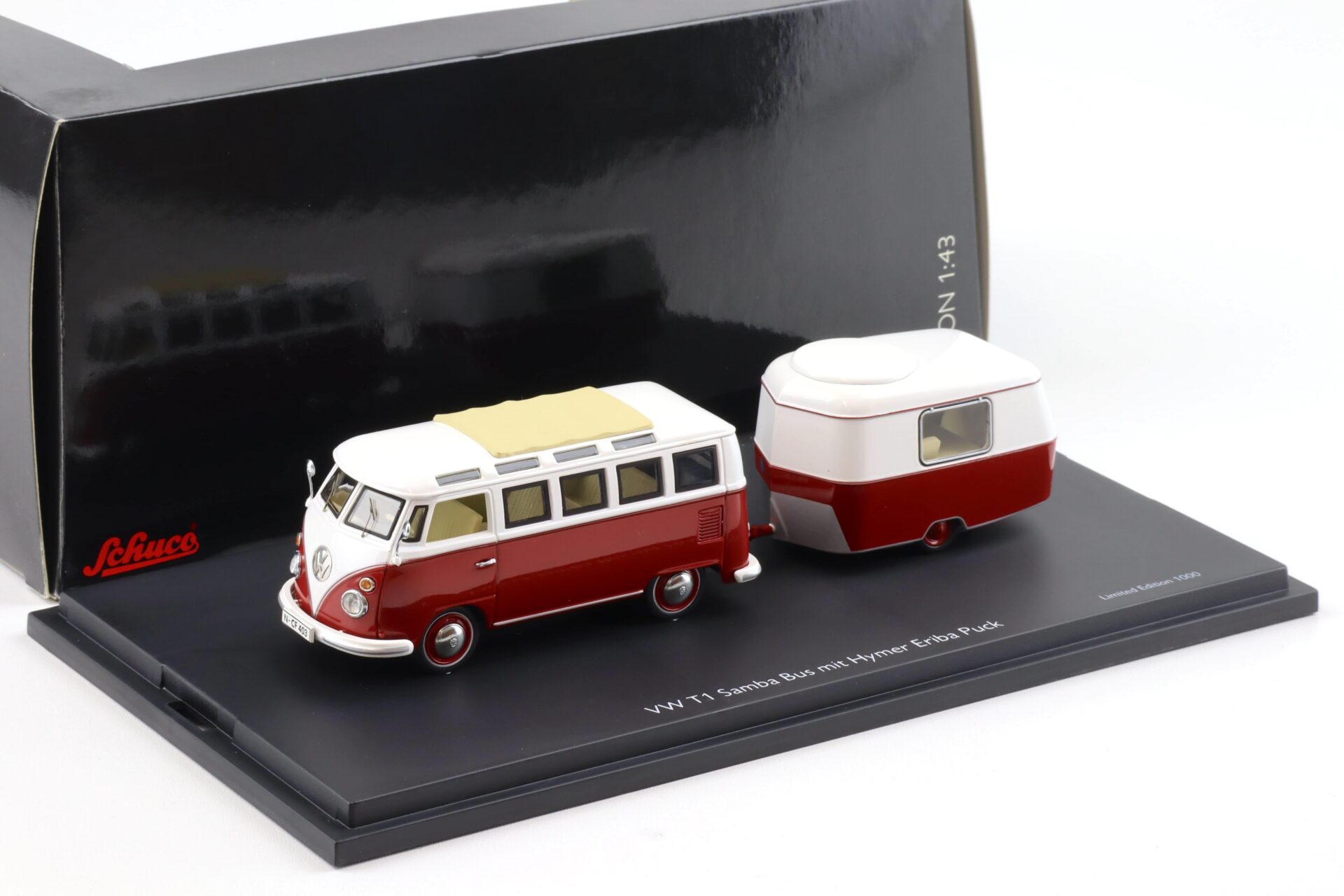 ID 103173 orig.jpg 1:43 Schuco VW T1 Samba Bus mit Eriba Puck Wohnanhänger red/ white