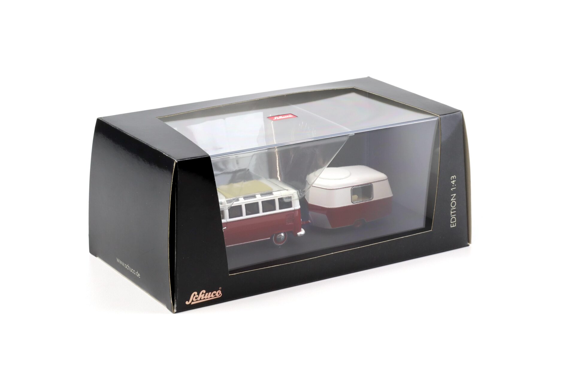 1:43 Schuco VW T1 Samba Bus mit Eriba Puck Wohnanhänger red/ white