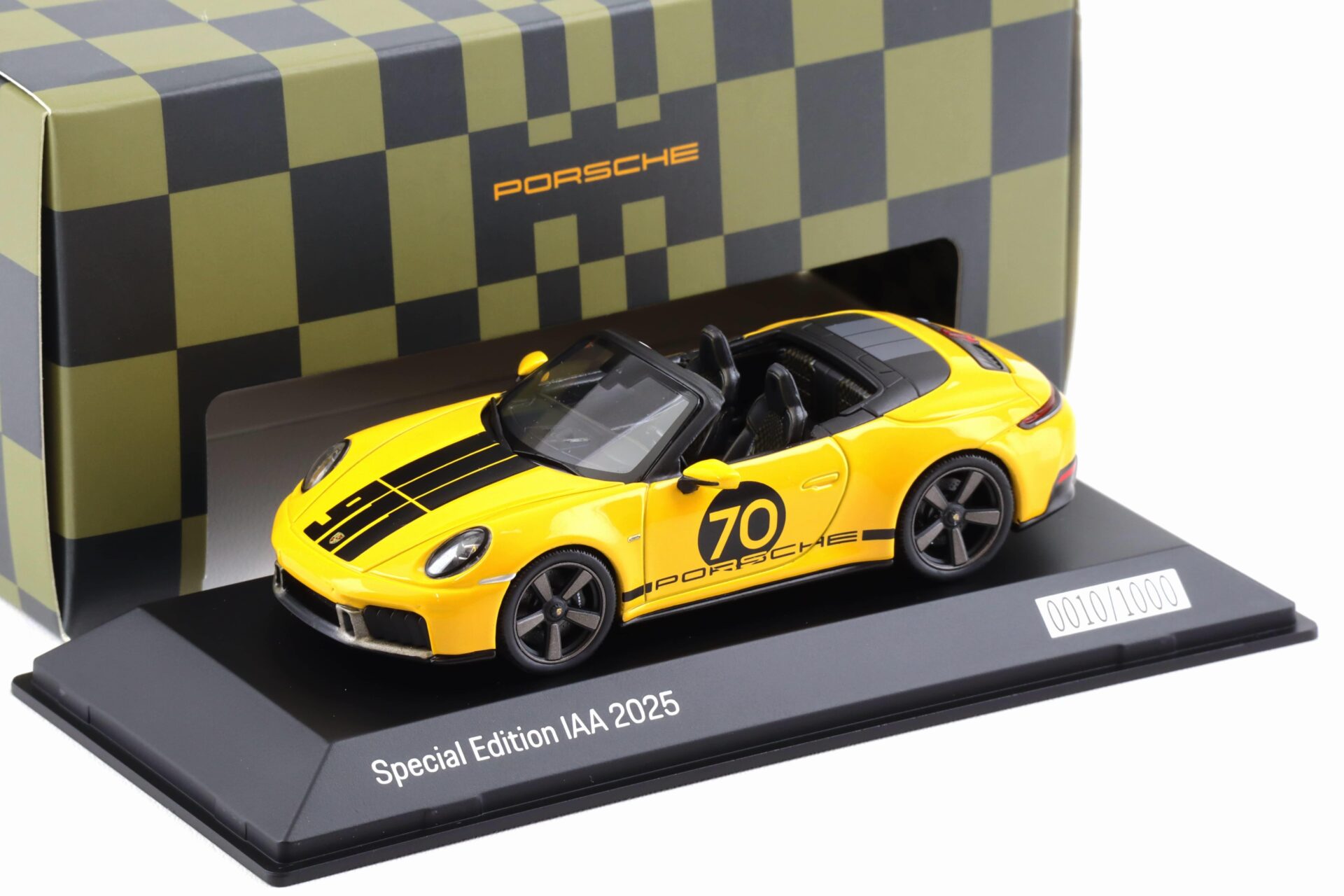 ID 103282 orig.jpg 1:43 Spark Porsche 911 992.2 Convertible Spirit 70 Speed yellow IAA 2025 WAP DEALER