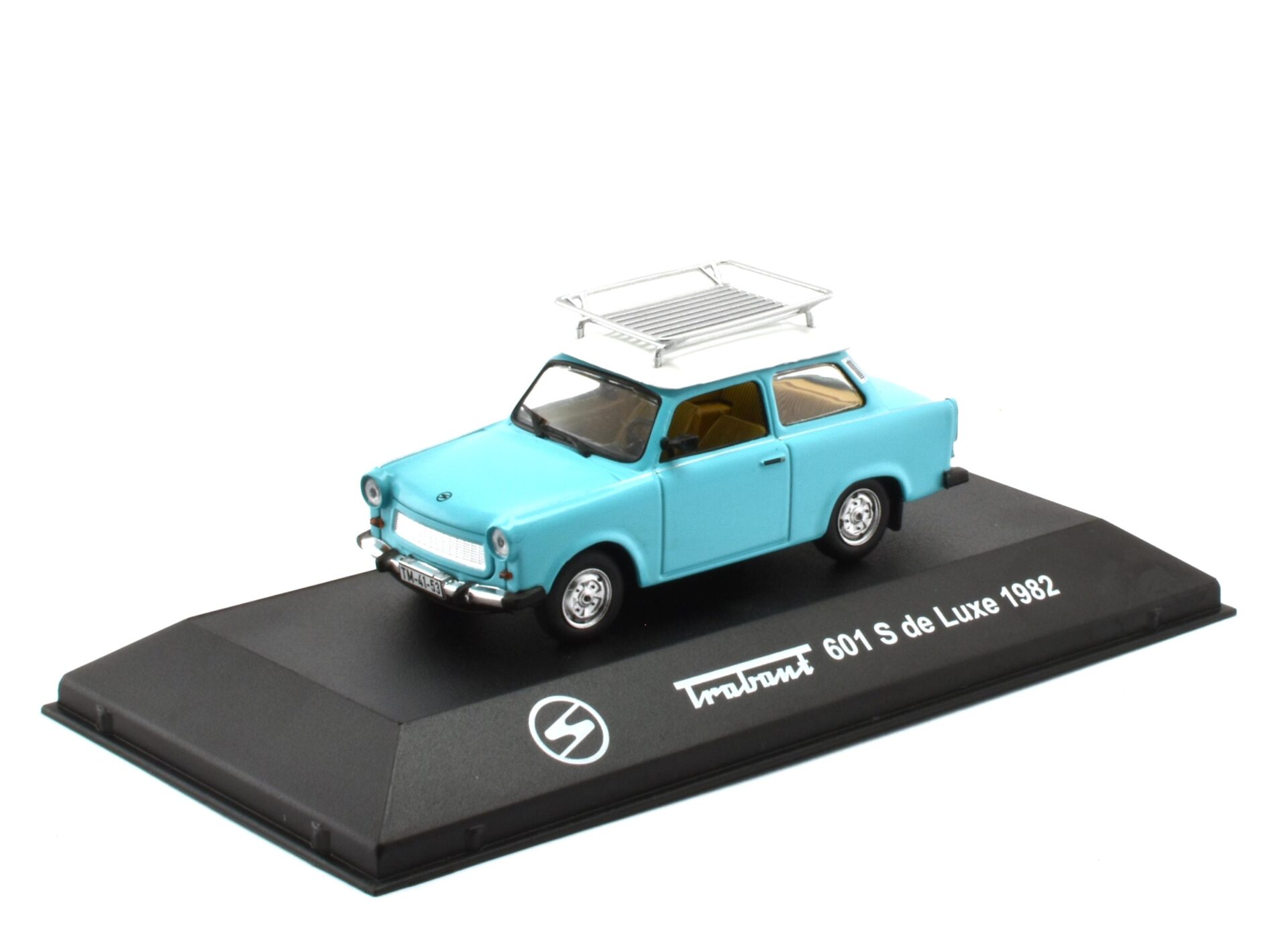 ID 52906 orig.jpg 1:43 Atlas Trabant 601 S de Luxe 1982 mit Dachträger blue/ white