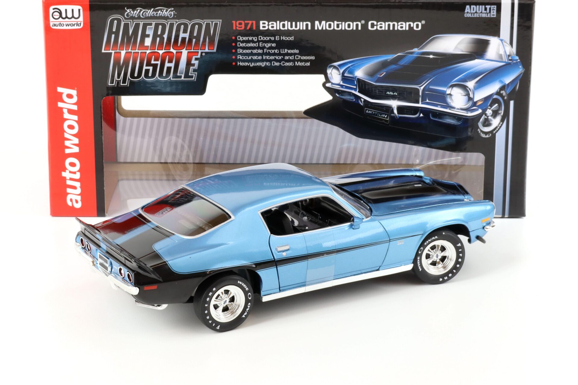 1:18 Auto World 1971 Chevrolet Camaro Baldwin Motion Camaro blue metallic