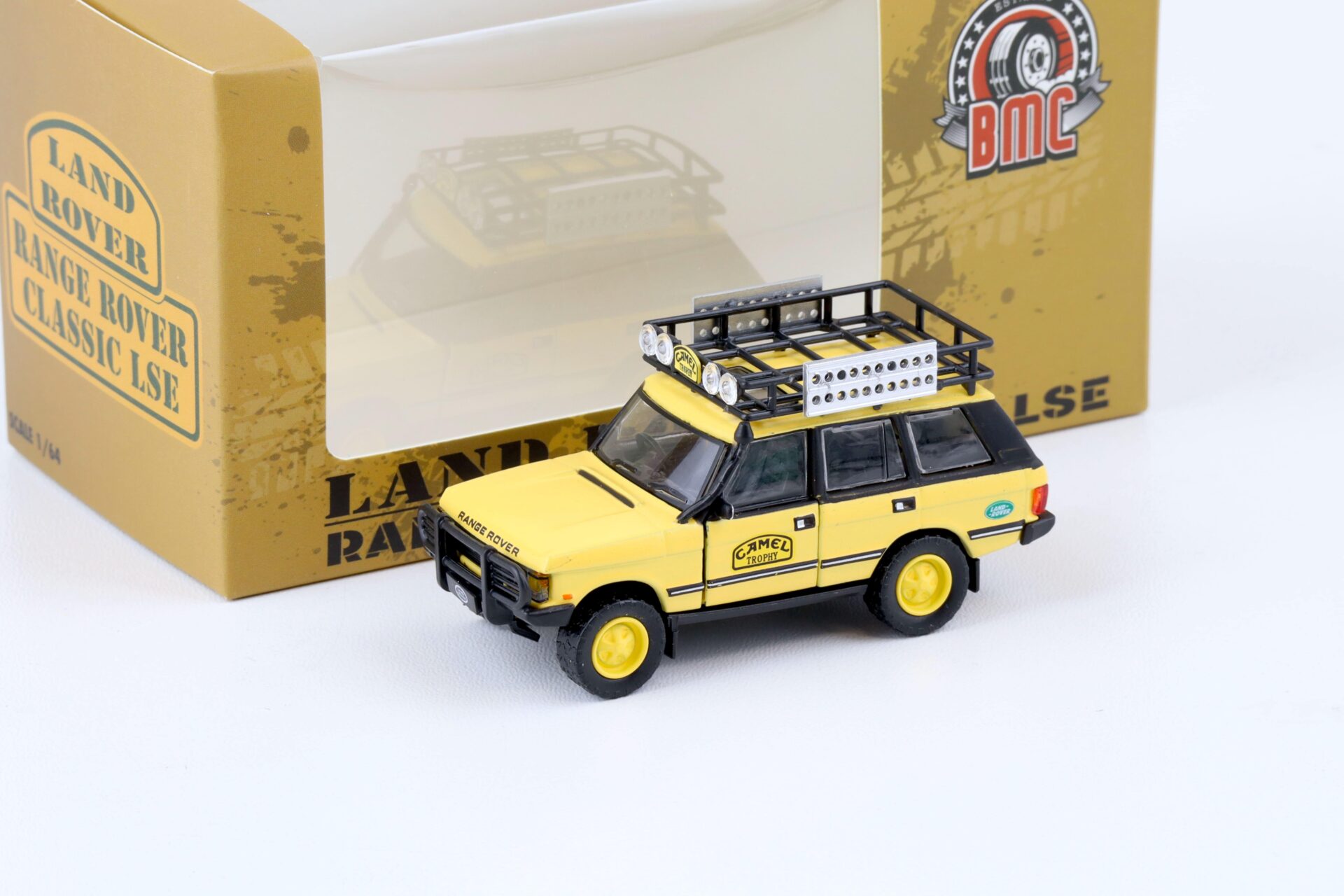1:64 BMC BM Creations 1992 Range Rover Classic LSE RHD Camel Trophy yellow