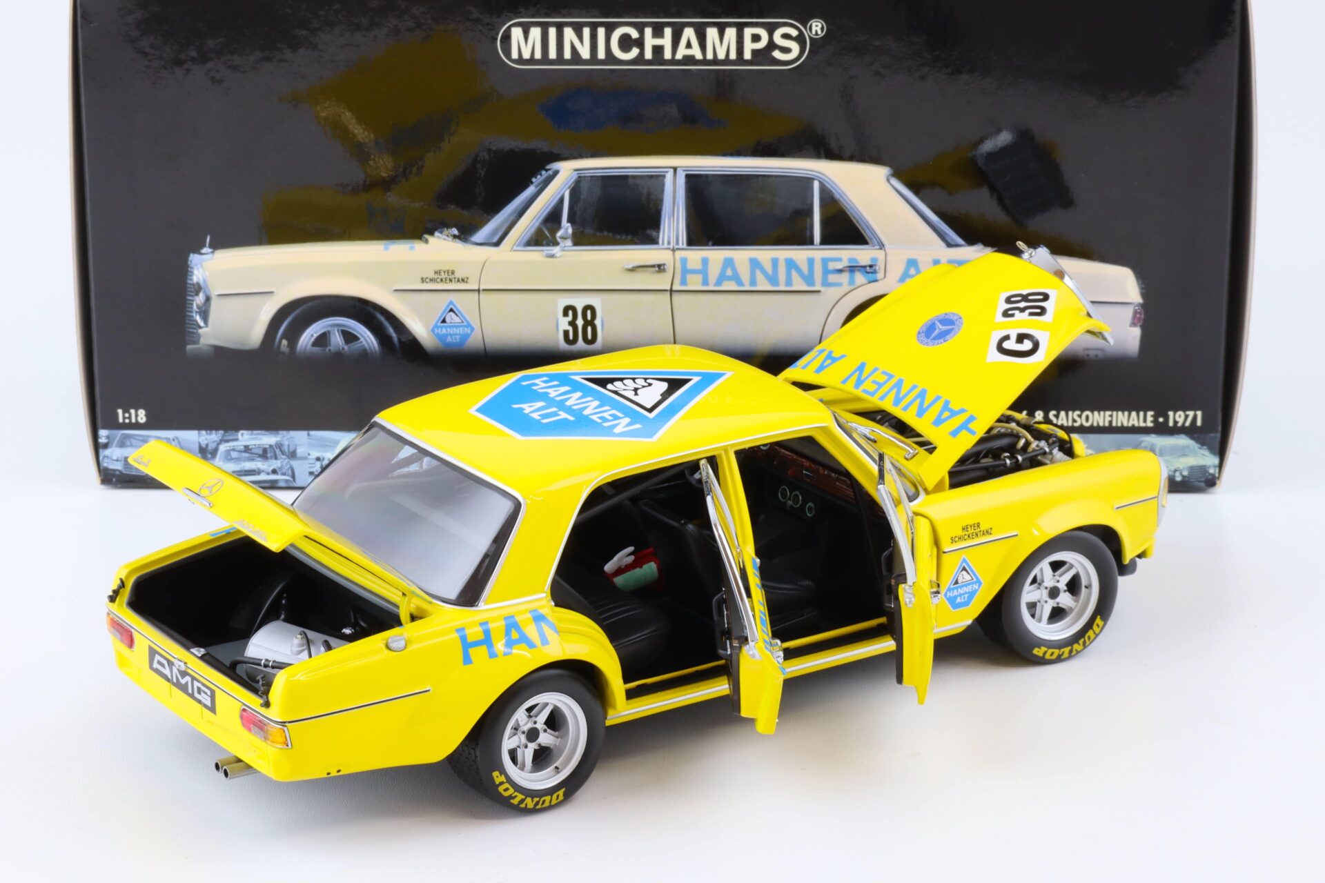 1:18 Minichamps Mercedes 300 SEL 6.8 Saisonfinale 1971 H.Heyer #38 Hannen Alt yellow