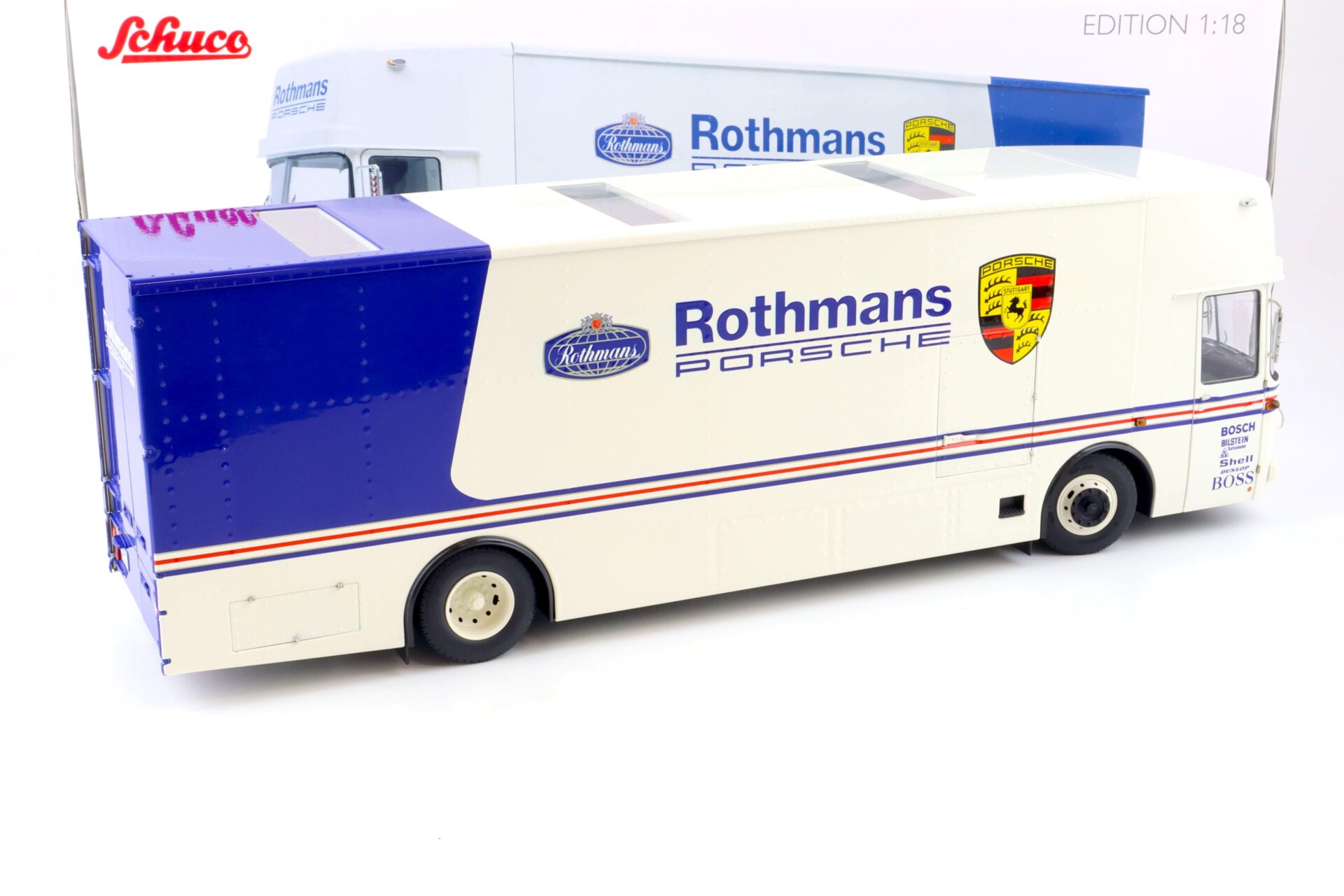 1:18 Schuco Mercedes O317 Renntransporter ROTHMANS PORSCHE white/ blue