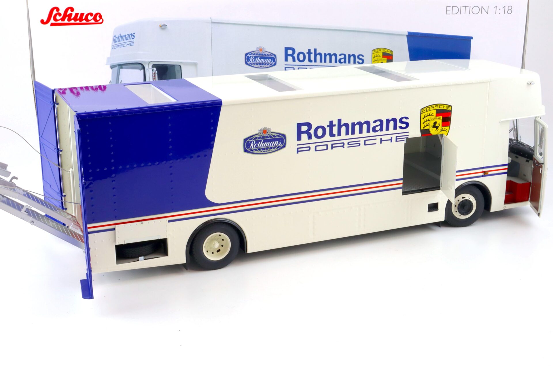 1:18 Schuco Mercedes O317 Renntransporter ROTHMANS PORSCHE white/ blue