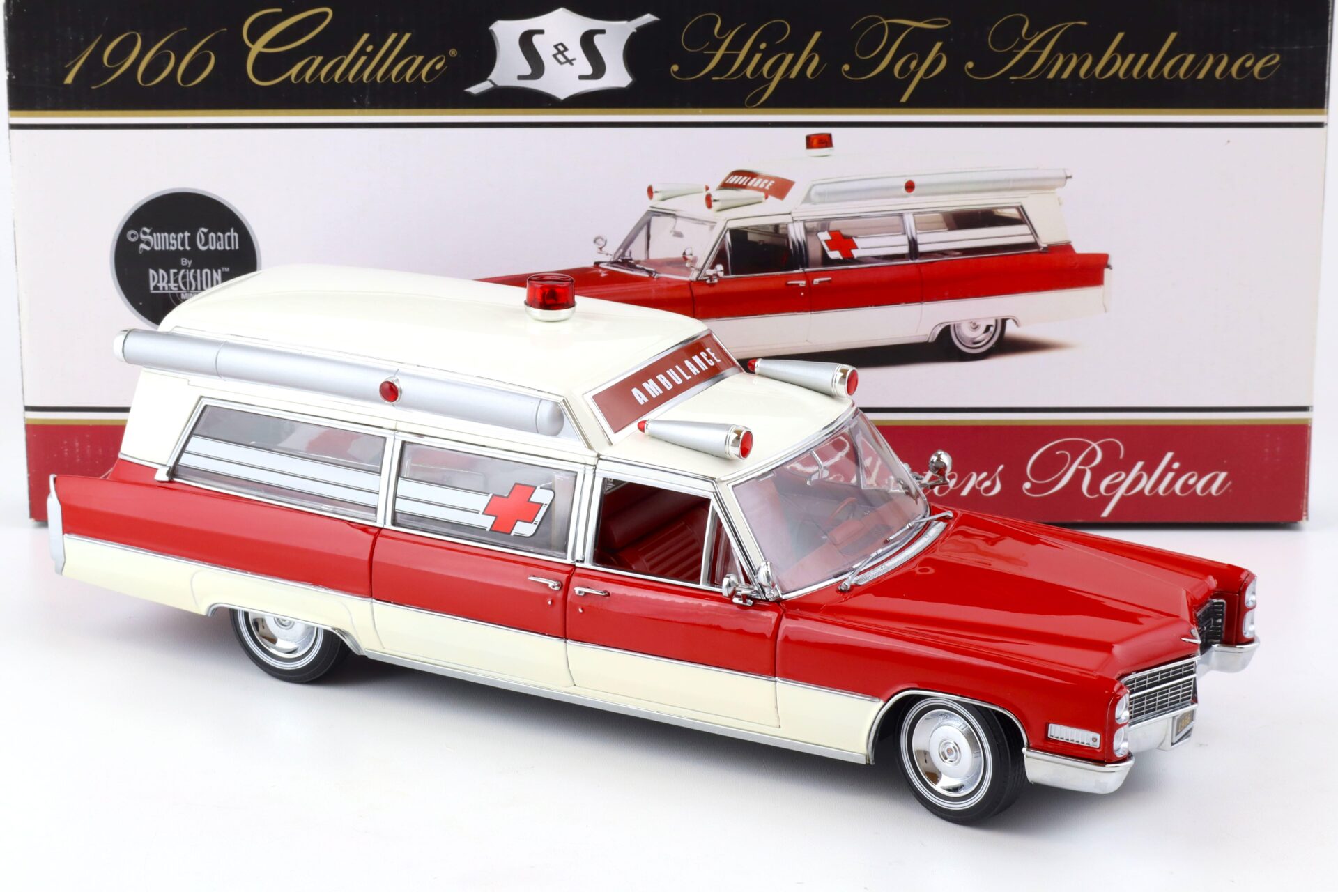 1:18 Sunset Coach Precision 1966 Cadillac S&S High Top Ambulance red/ white