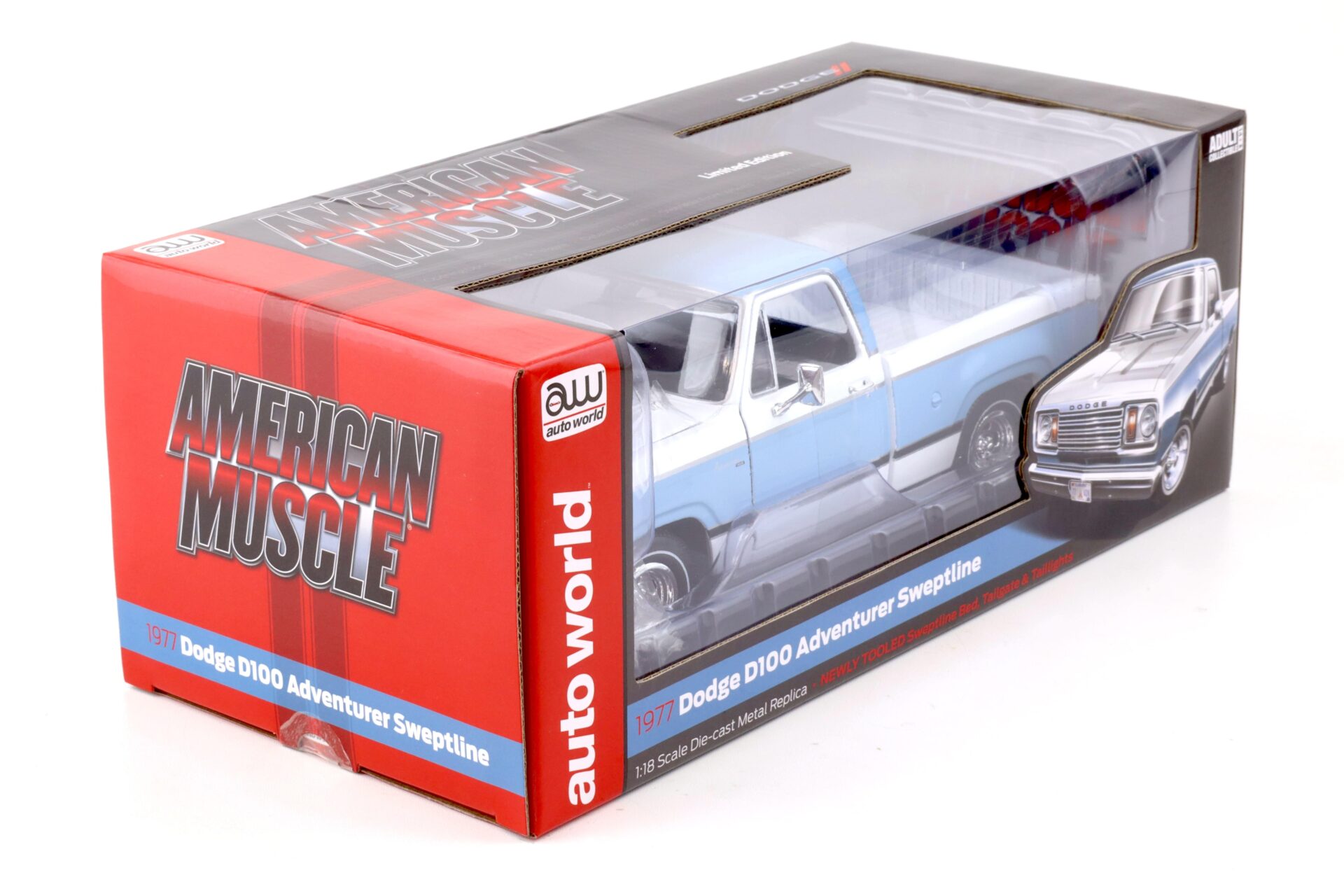 1:18 Auto World 1977 Dodge D100 Adventurer Sweptline Pickup light blue & white