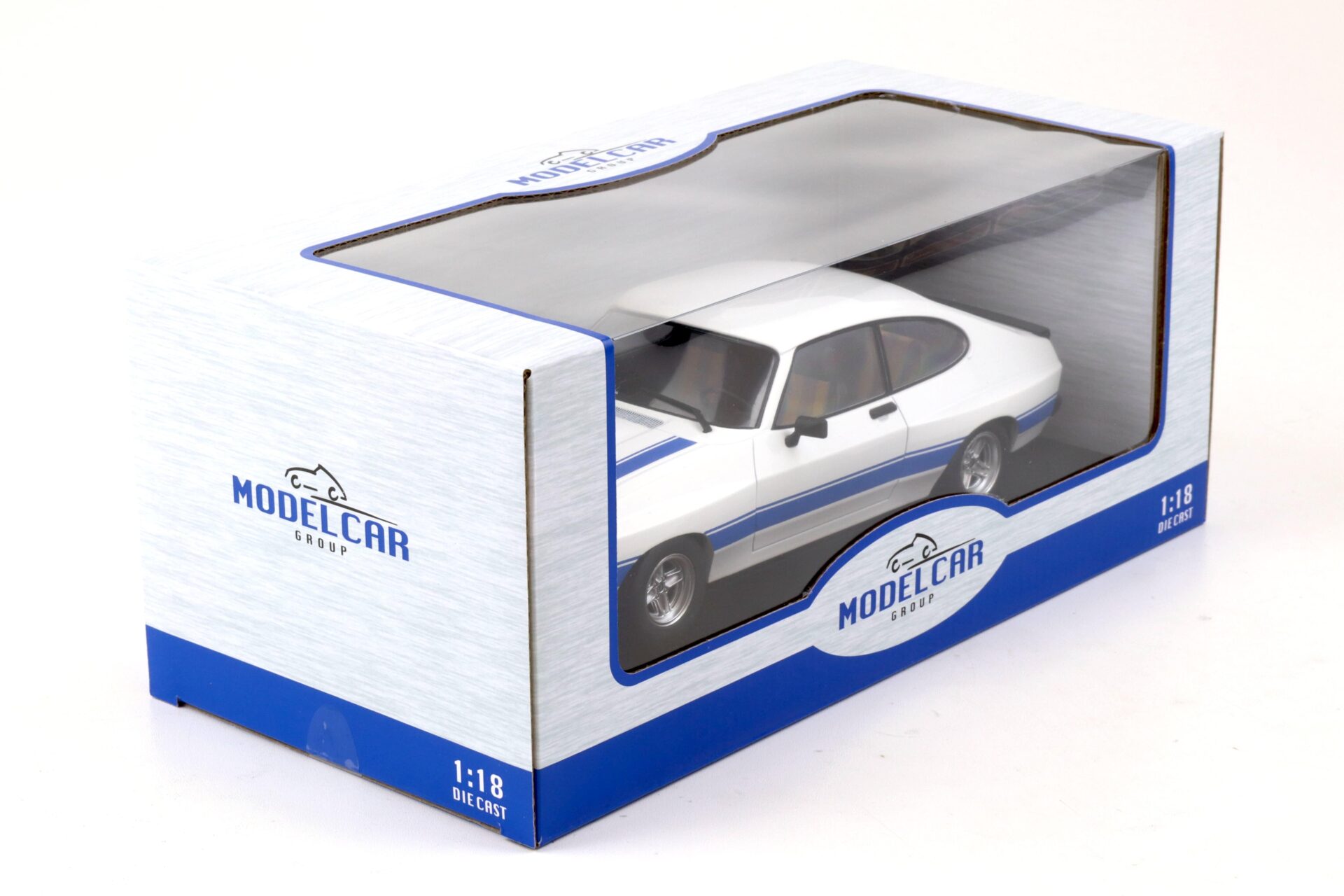1:18 MCG Ford Capri MK II X-Pack white/ blue stripes LHD 1975