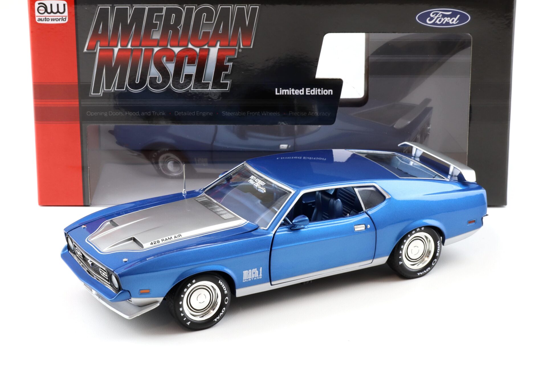 1:18 Auto World 1971 Ford Mustang Mach 1 MCACN Code Q Med Blue