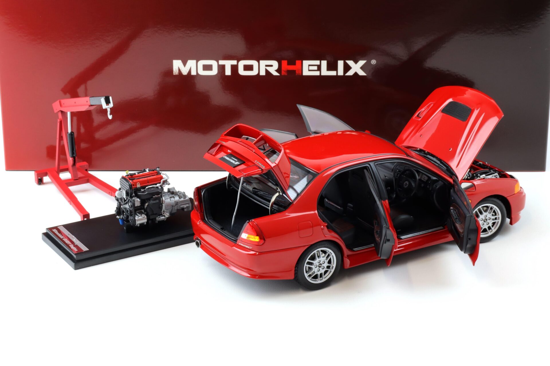 1:18 Motorhelix Mitsubishi Lancer EVO 4 IV Palma red 1999 with engine M84004