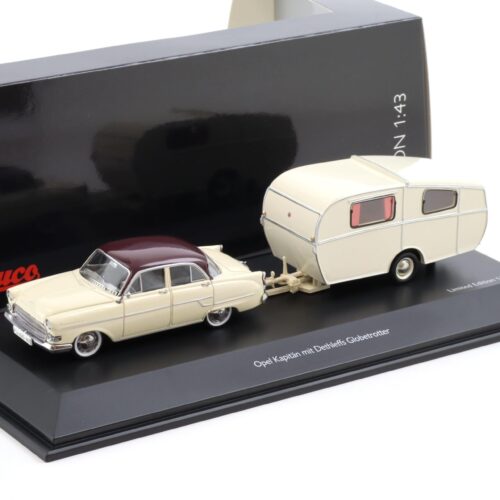 1:43 Schuco Opel Kapitän mit Dethleffs Globetrotter Wohnwagen beige/ white