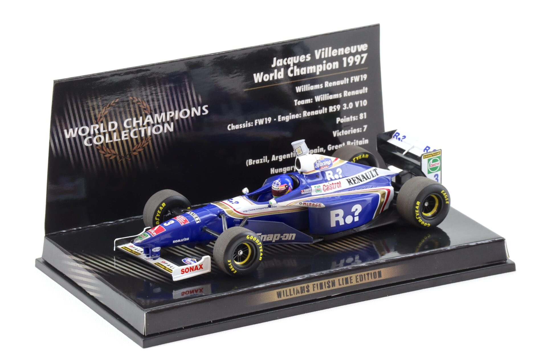 1:43 Minichamps F1 Williams Renault FW19 Jacques Villeneuve World Champion 1997 Finish Line