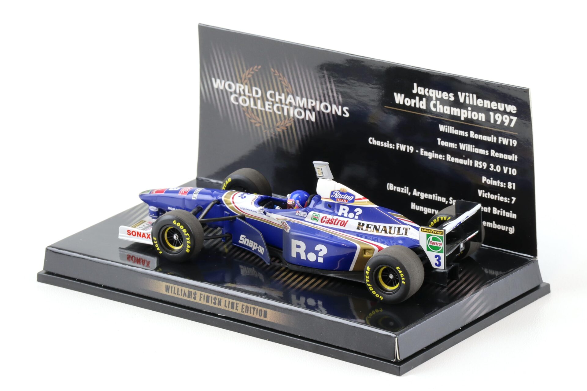 1:43 Minichamps F1 Williams Renault FW19 Jacques Villeneuve World Champion 1997 Finish Line