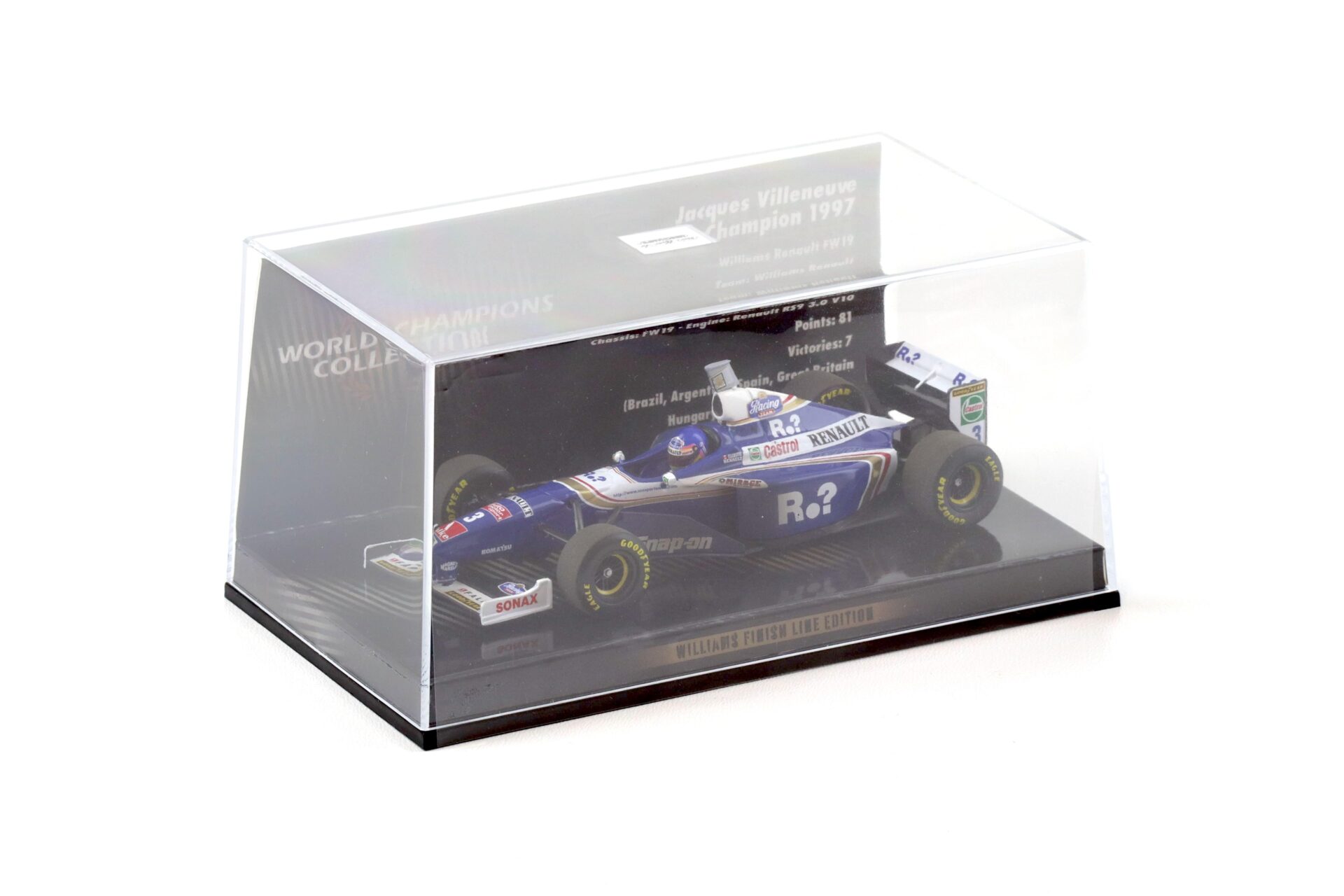 1:43 Minichamps F1 Williams Renault FW19 Jacques Villeneuve World Champion 1997 Finish Line