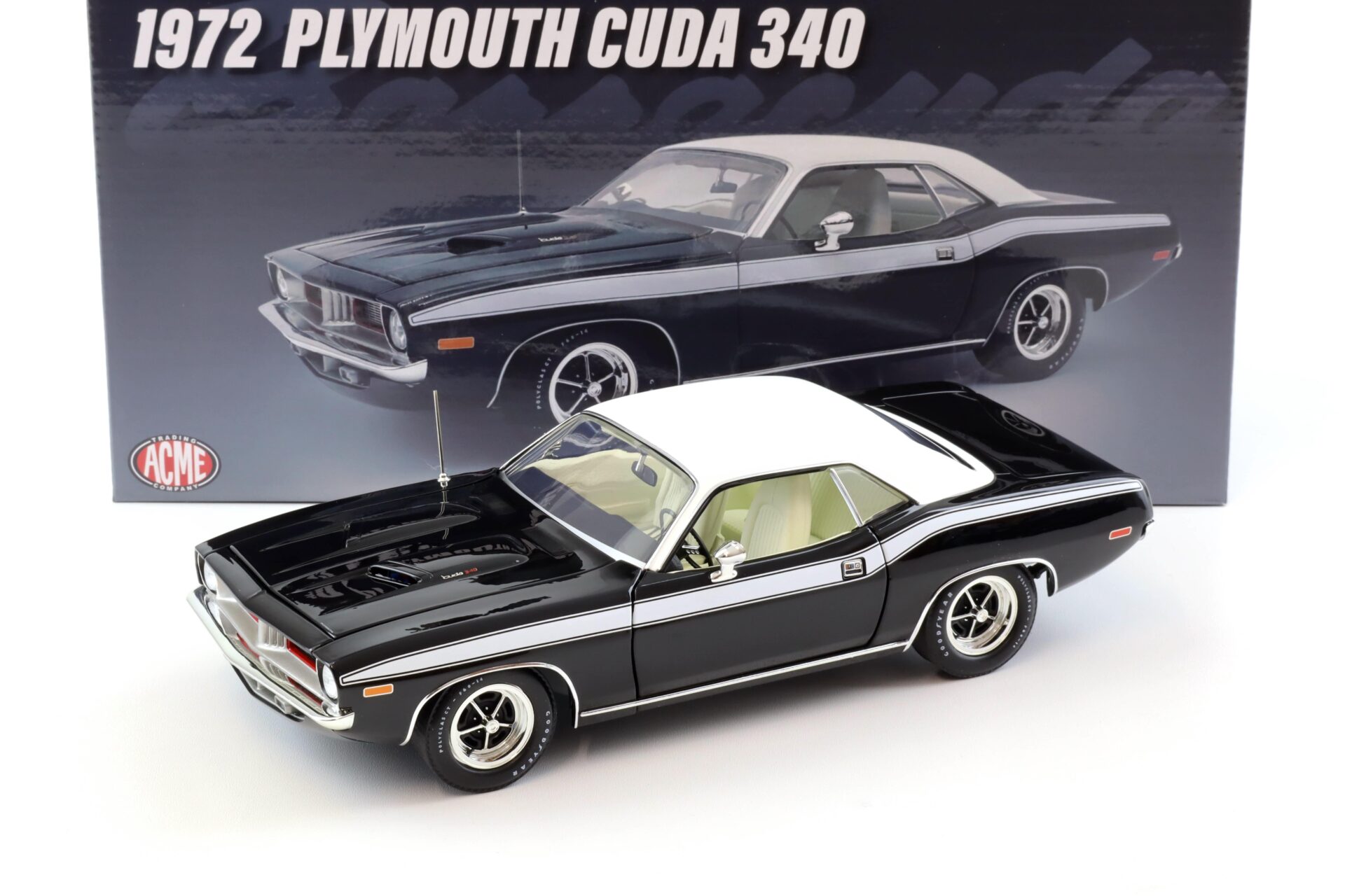 1:18 ACME 1972 Plymouth Cuda 340 Coupe black with white roof/ stripes