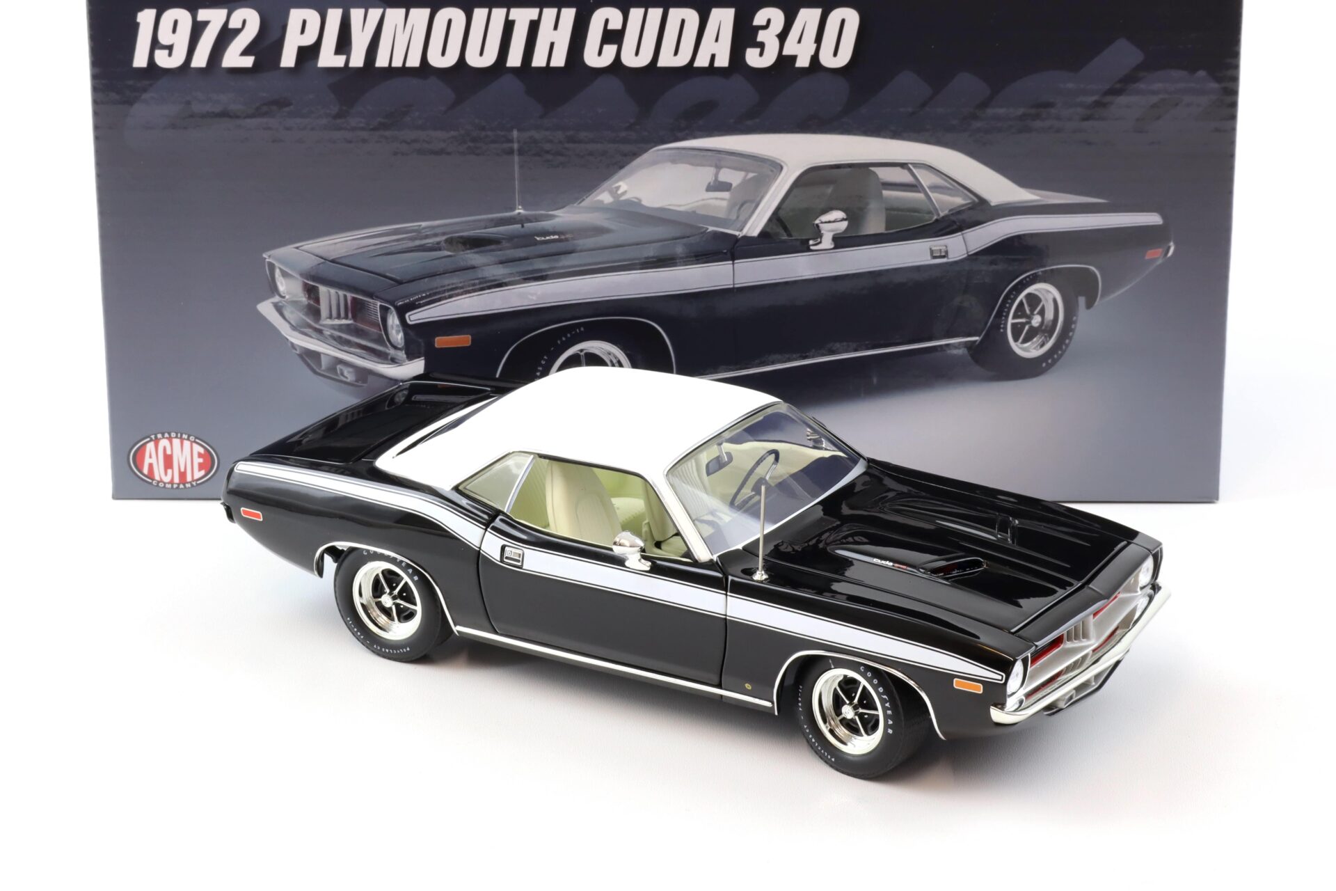1:18 ACME 1972 Plymouth Cuda 340 Coupe black with white roof/ stripes