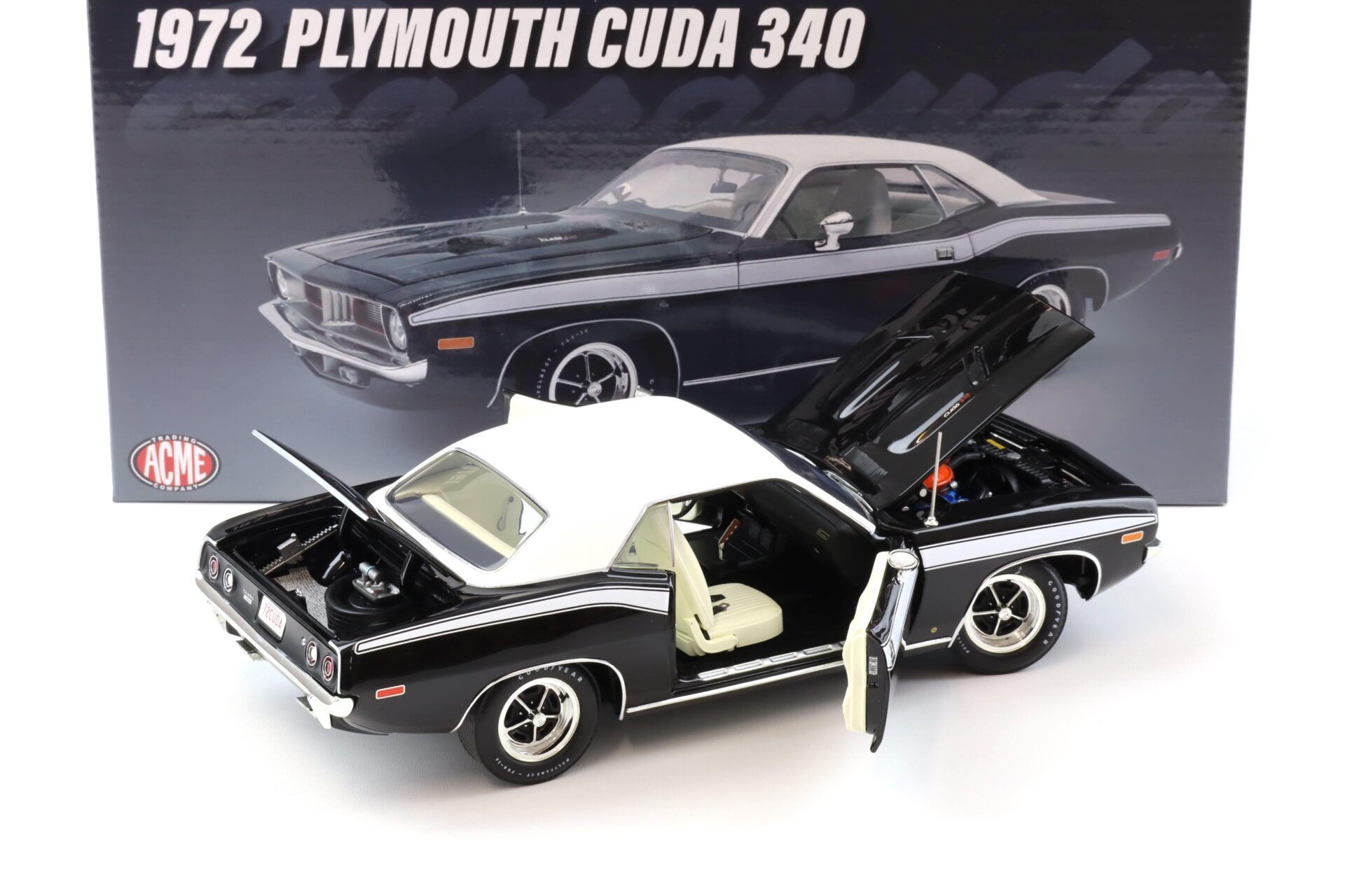 1:18 ACME 1972 Plymouth Cuda 340 Coupe black with white roof/ stripes