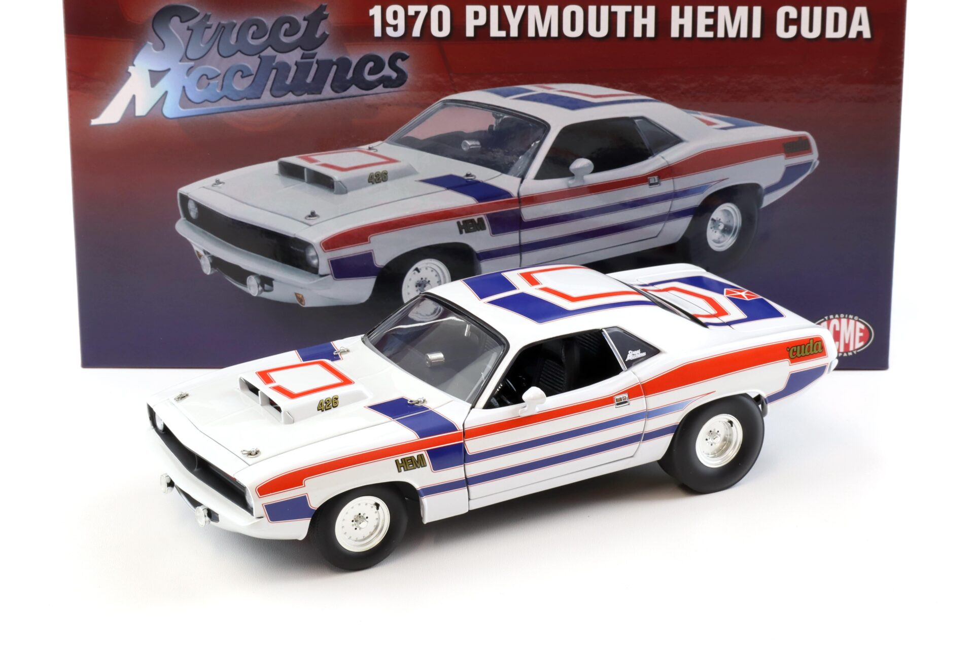 1:18 ACME 1970 Plymouth Hemi Cuda 426 Coupe Street Machine white/blue/red