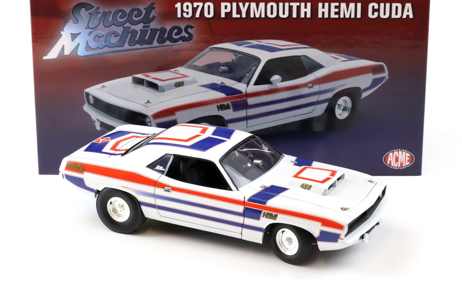 1:18 ACME 1970 Plymouth Hemi Cuda 426 Coupe Street Machine white/blue/red