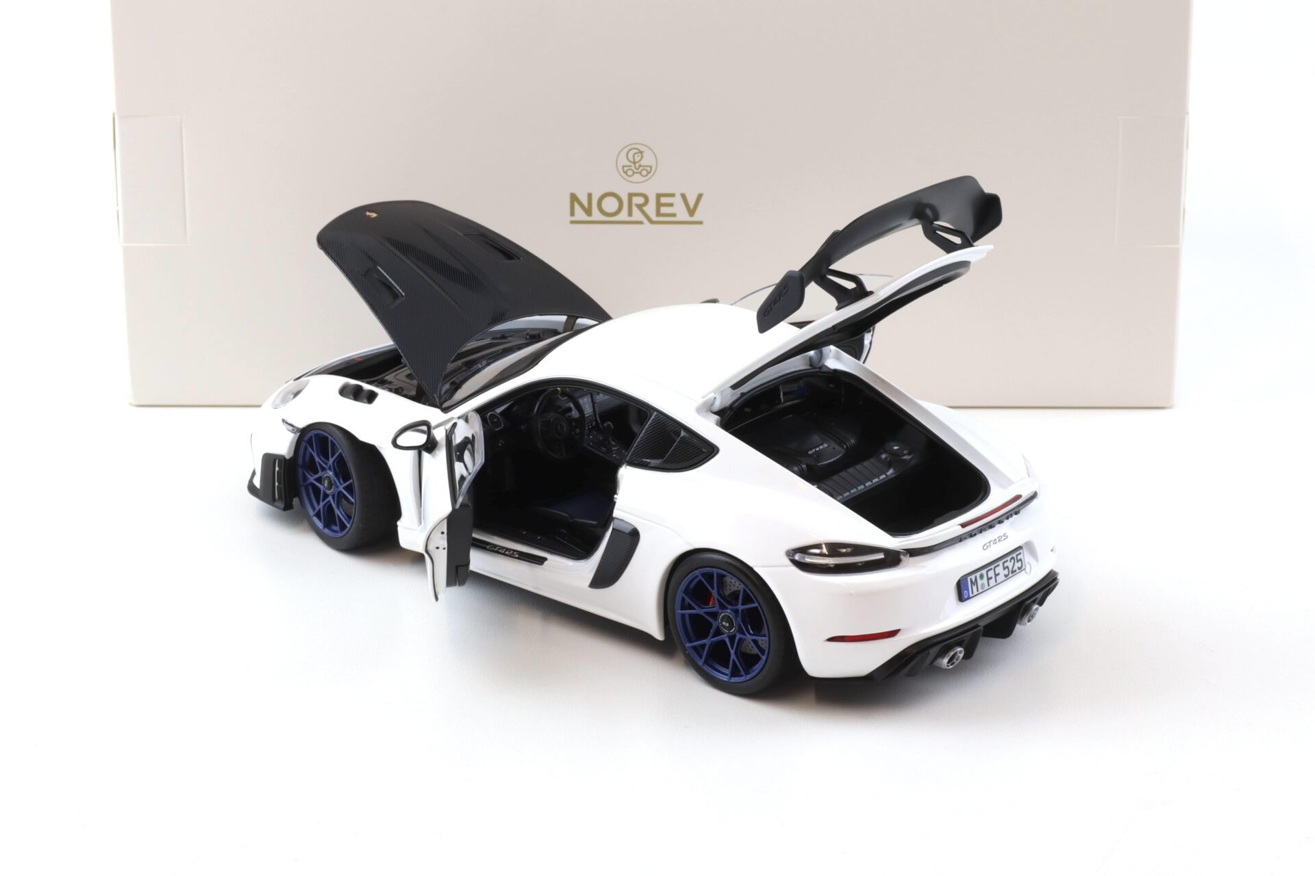 1:18 Norev ASIA Exclusive Porsche Cayman GT4 RS Weissach Package white/ indigo blue