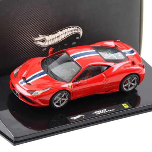 1:43 Hot Wheels Elite Ferrari 458 Speciale Coupe 2013 red with white/ blue stripe