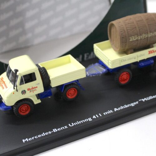 1:43 Schuco Mercedes Unimog 411 mit Anhänger Müller Mitteltal WARSTEINER