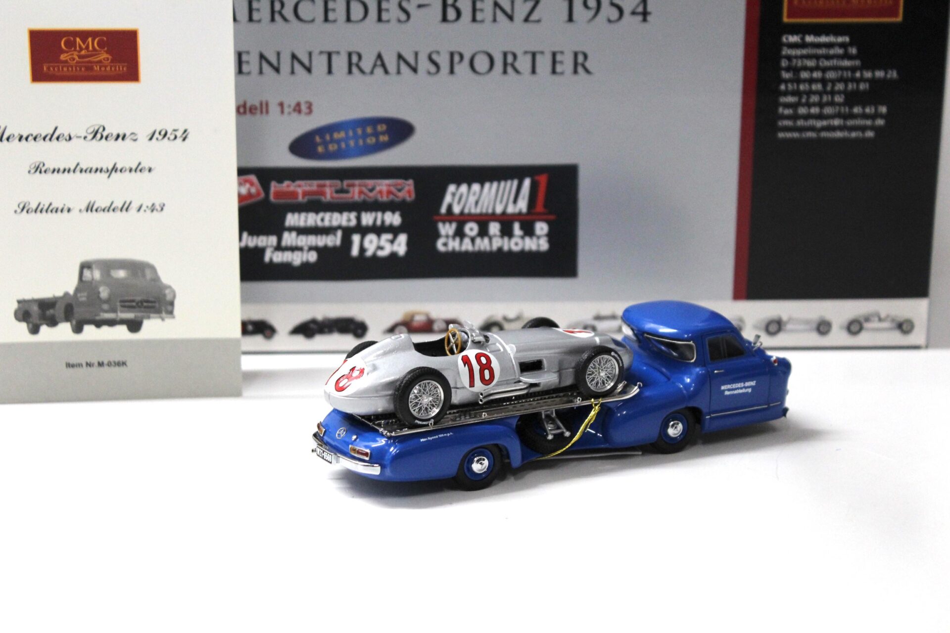 1:43 CMC Mercedes Renntransporter 1954 mit Brumm W196 Juan Fangio