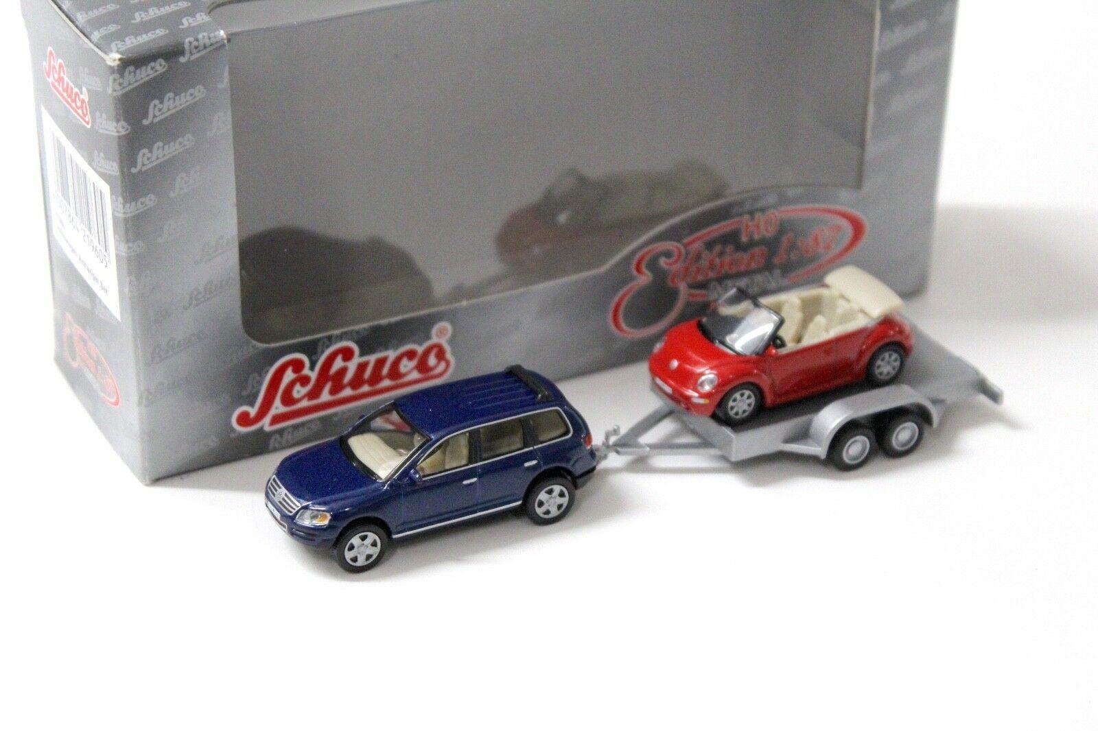 1:87 Schuco VW Touareg blue + Anhänger mit Beetle Cabrio orange