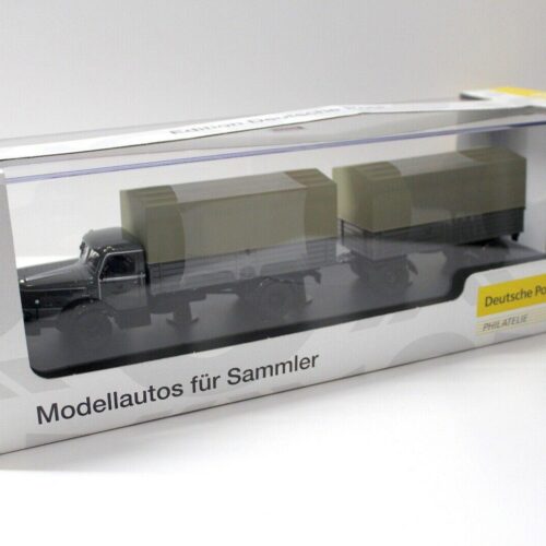 1:43 Schuco Krupp Titan Planen-LKW mit Anhänger POST grey