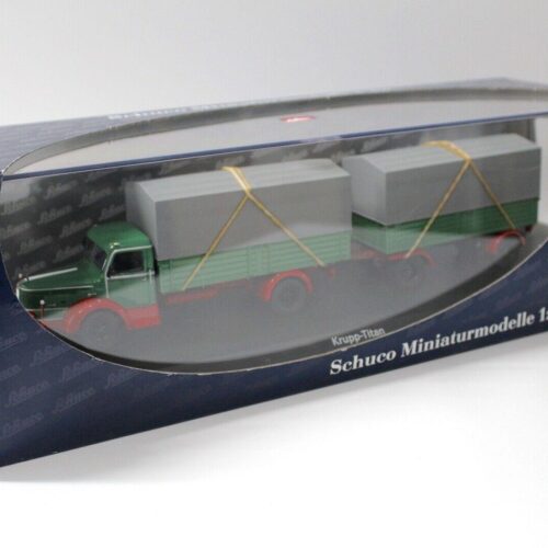 1:43 Schuco Krupp Titan Planen-LKW mit Anhänger green