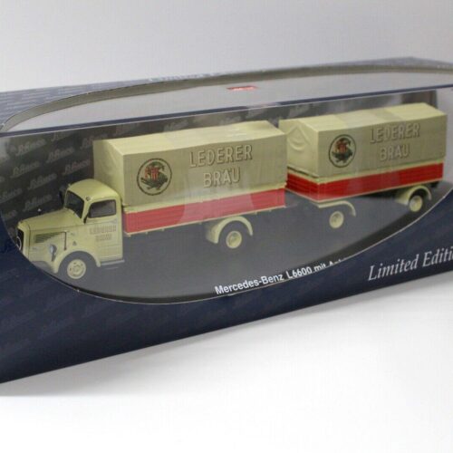 1:43 Schuco Mercedes L6600 mit Anhänger Lederer BRÄU beige/ red