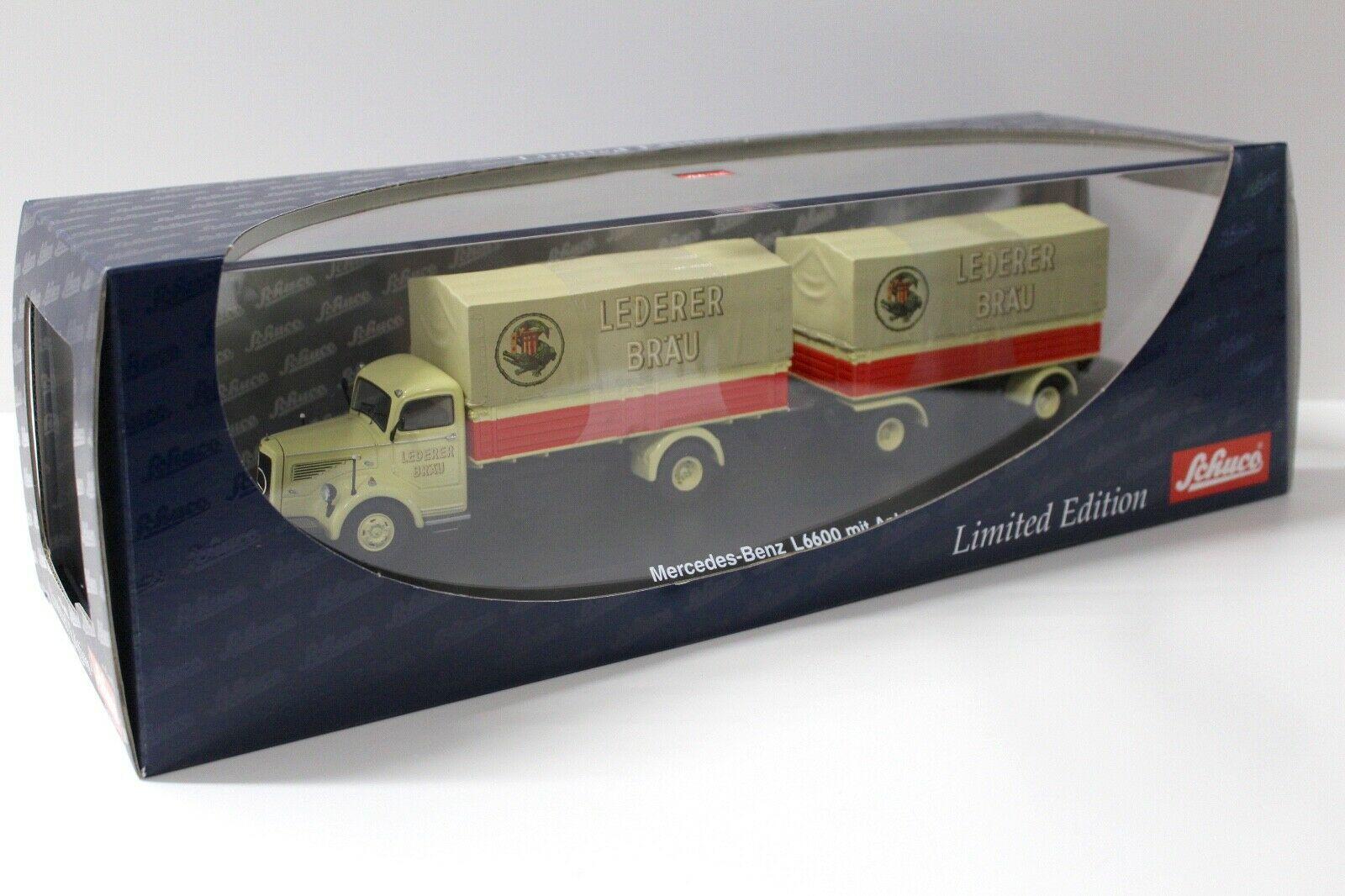 1:43 Schuco Mercedes L6600 mit Anhänger Lederer BRÄU beige/ red