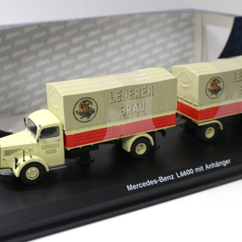 1:43 Schuco Mercedes L6600 mit Anhänger Lederer BRÄU beige/ red